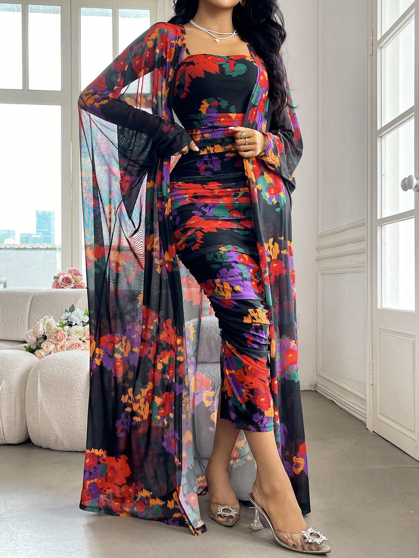 Modelyn Women's 2pcs Loose Comfortable Casual Jacket And Slim Spaghetti Strap Backless Pleated Split Dress Set 2 Pieces Set