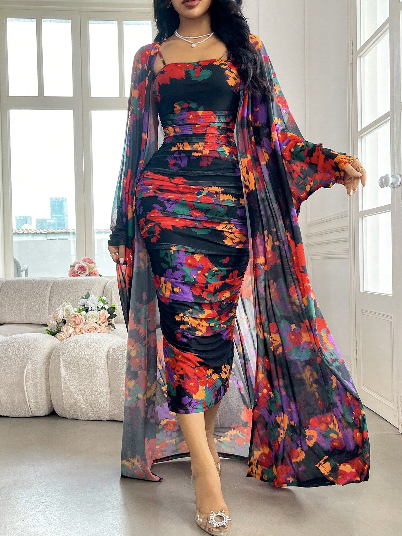 Modelyn Women's 2pcs Loose Comfortable Casual Jacket And Slim Spaghetti Strap Backless Pleated Split Dress Set 2 Pieces Set