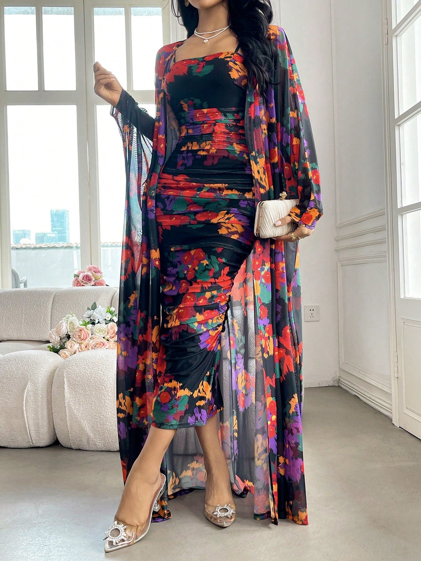 Modelyn Women's 2pcs Loose Comfortable Casual Jacket And Slim Spaghetti Strap Backless Pleated Split Dress Set 2 Pieces Set