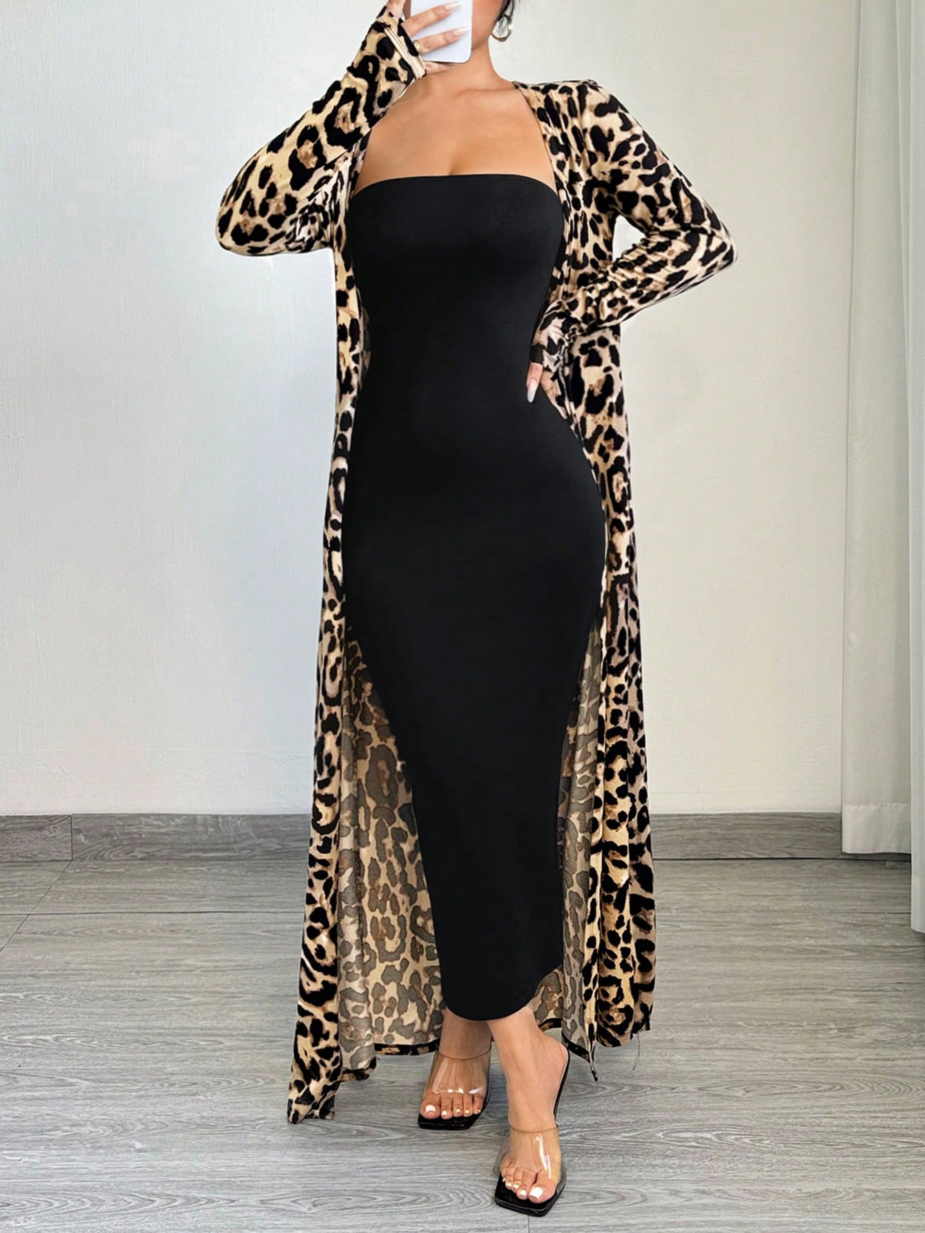 Leopard Print Long Sleeve Maxi Jacket And Bodycon Dress Set Cheetah Print طقم قطعتين تايجر