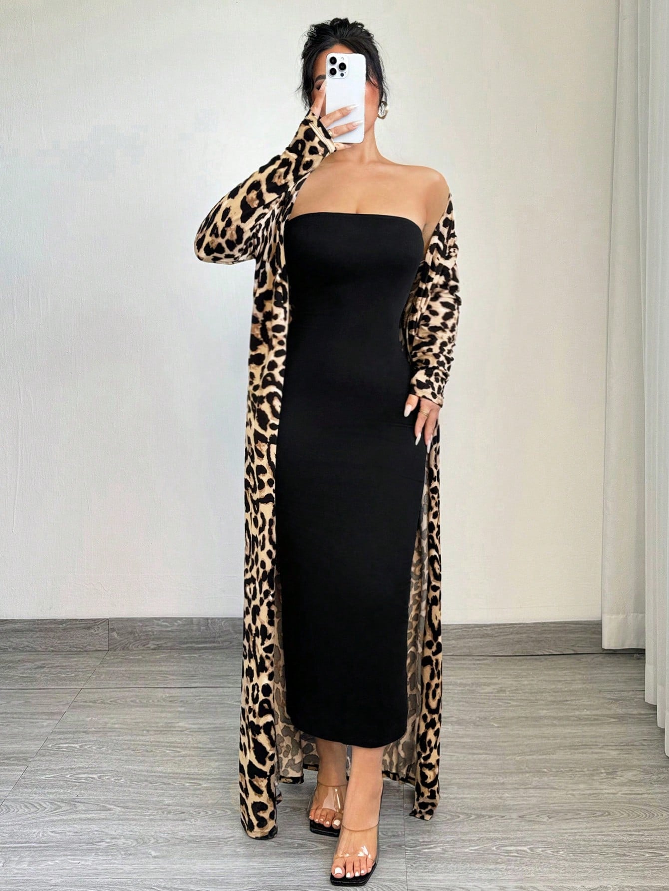 Leopard Print Long Sleeve Maxi Jacket And Bodycon Dress Set Cheetah Print طقم قطعتين تايجر