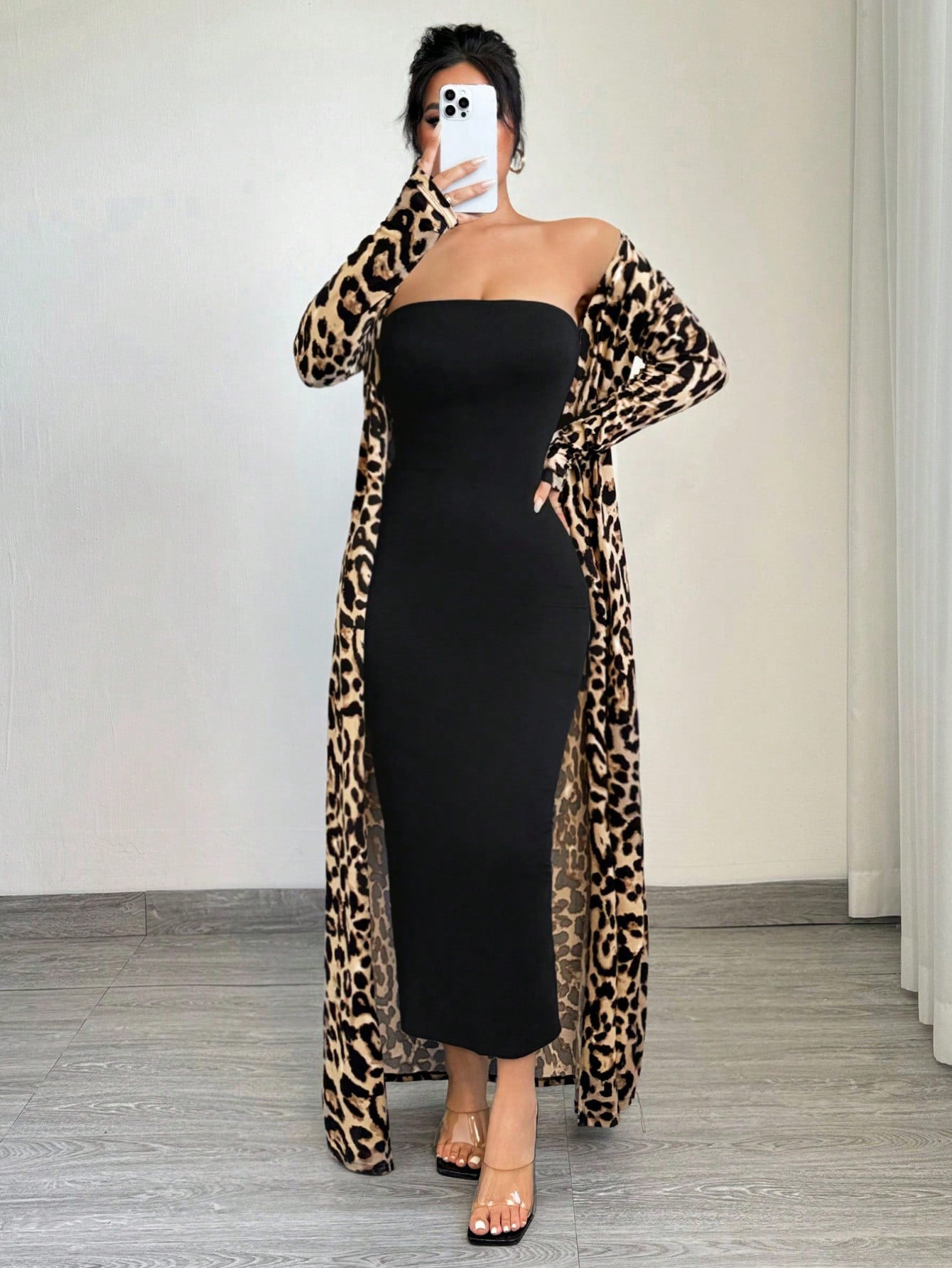 Leopard Print Long Sleeve Maxi Jacket And Bodycon Dress Set Cheetah Print طقم قطعتين تايجر