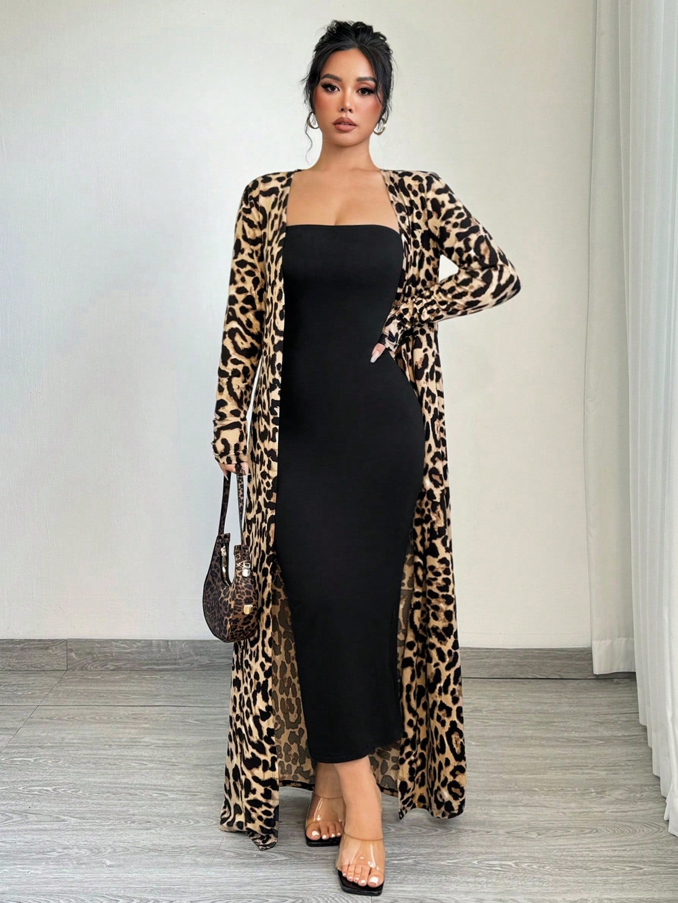 Leopard Print Long Sleeve Maxi Jacket And Bodycon Dress Set Cheetah Print طقم قطعتين تايجر