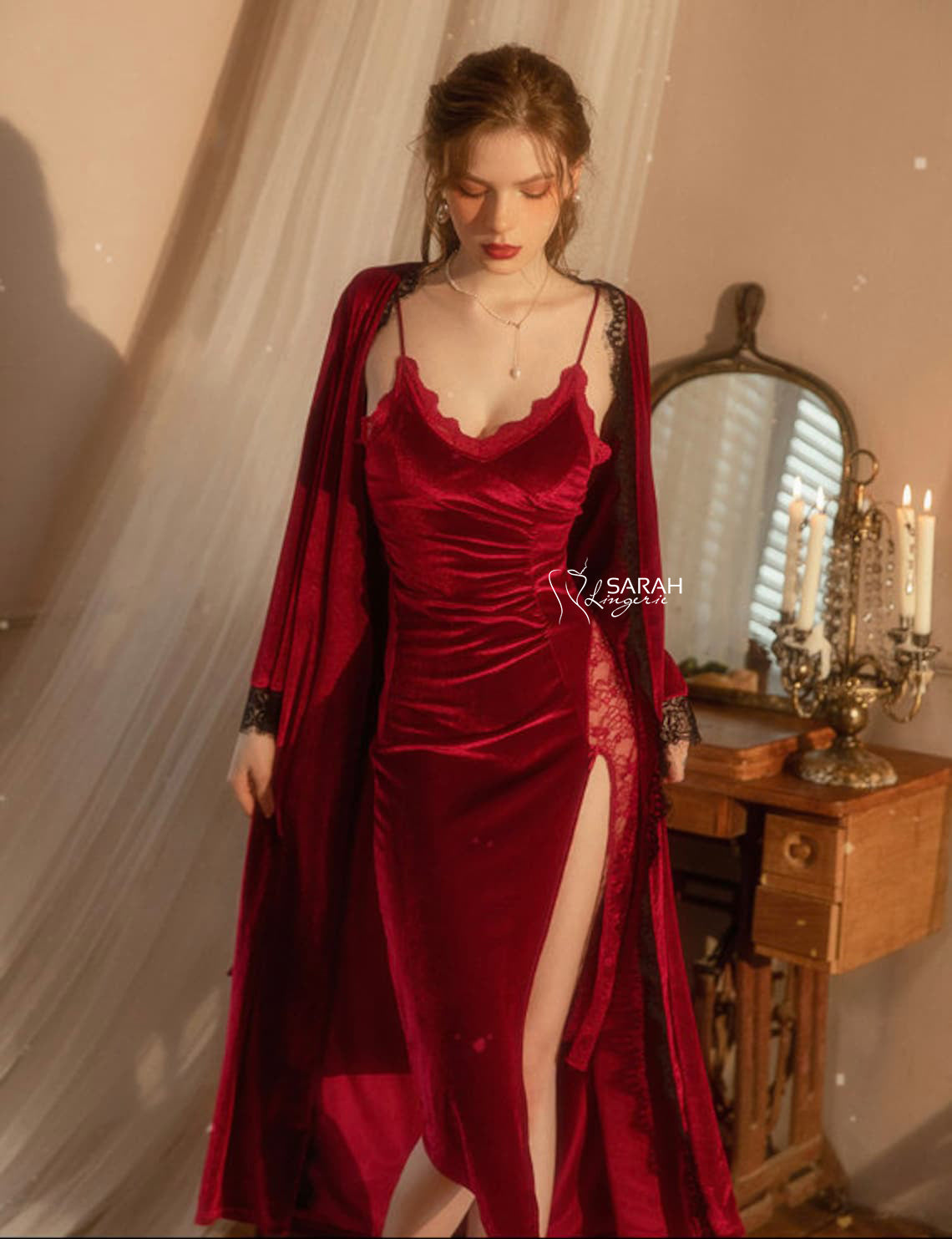 قطعتين قطيفه روب مع قميص طويل