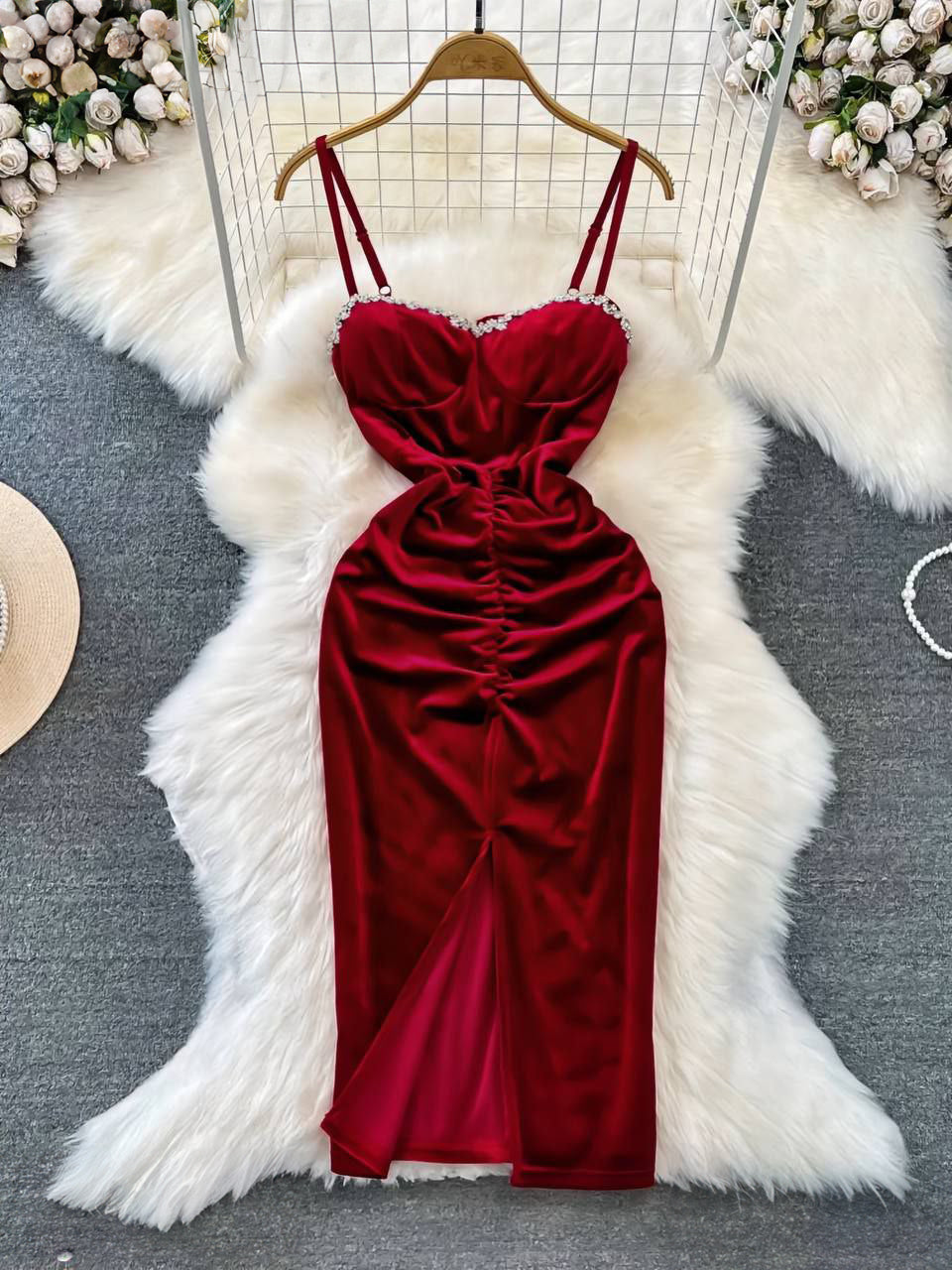 Sling sexy night show long dress velvet Sarah Lingerie