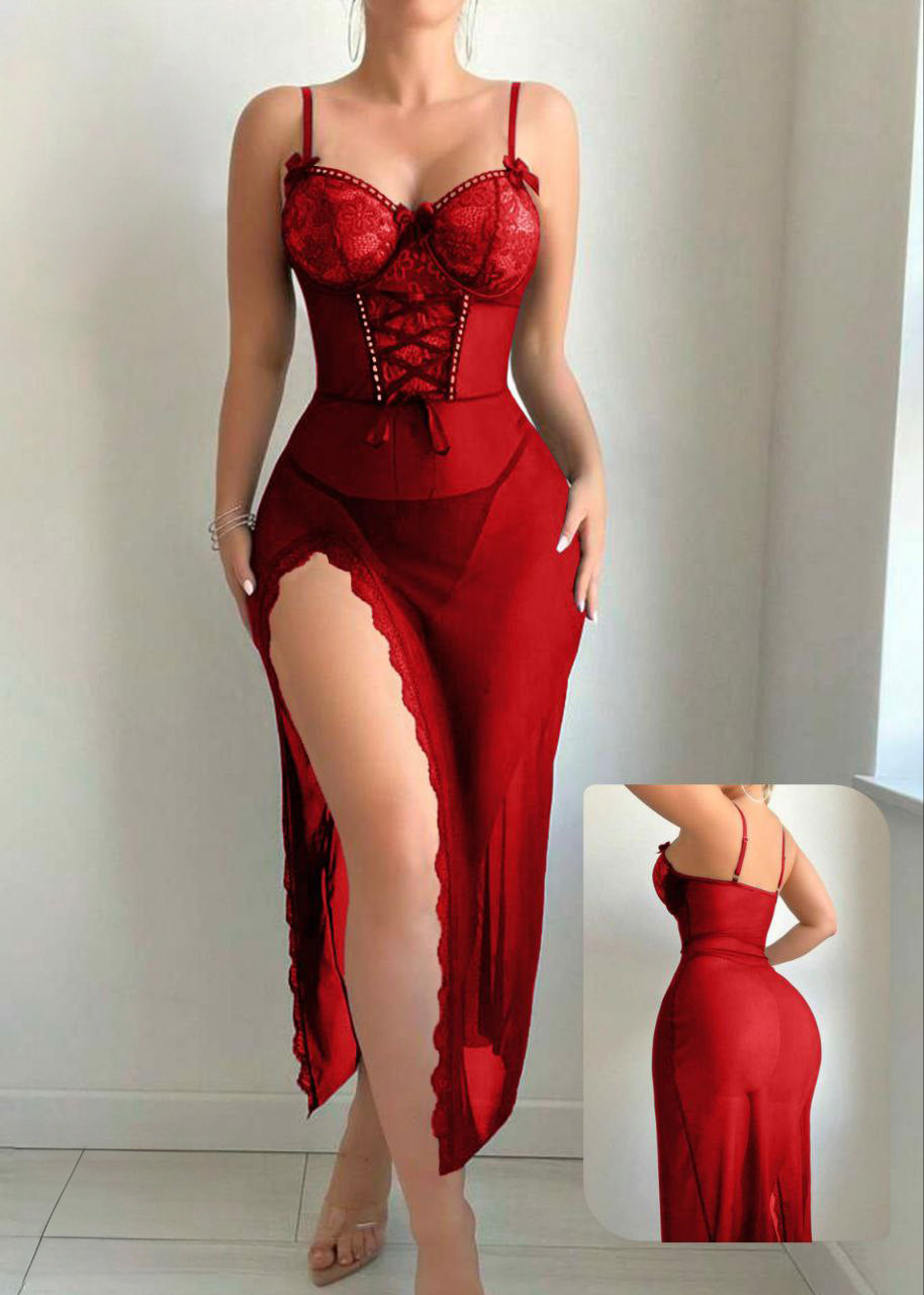 2pcs Set Seductive High Slit See Through Contrast Lace Splice Lingerie Gown & Thong