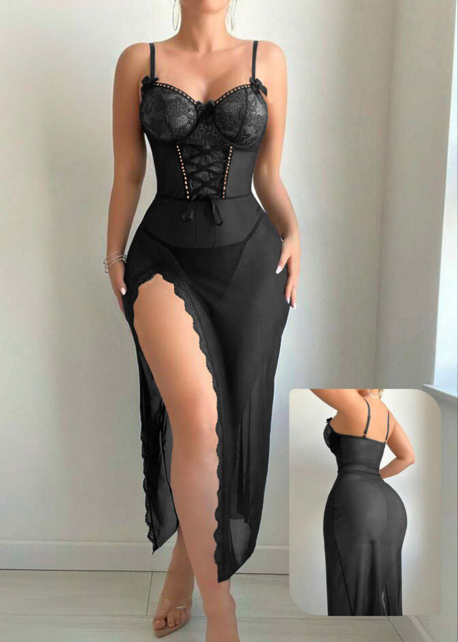 2pcs Set Seductive High Slit See Through Contrast Lace Splice Lingerie Gown & Thong