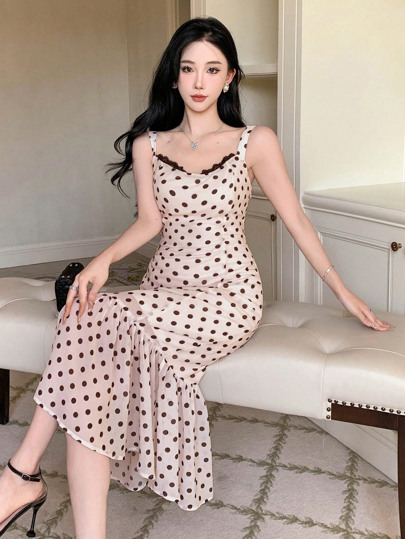 Dotted Strap Fishtail Lace Contrast Dress For Ladies