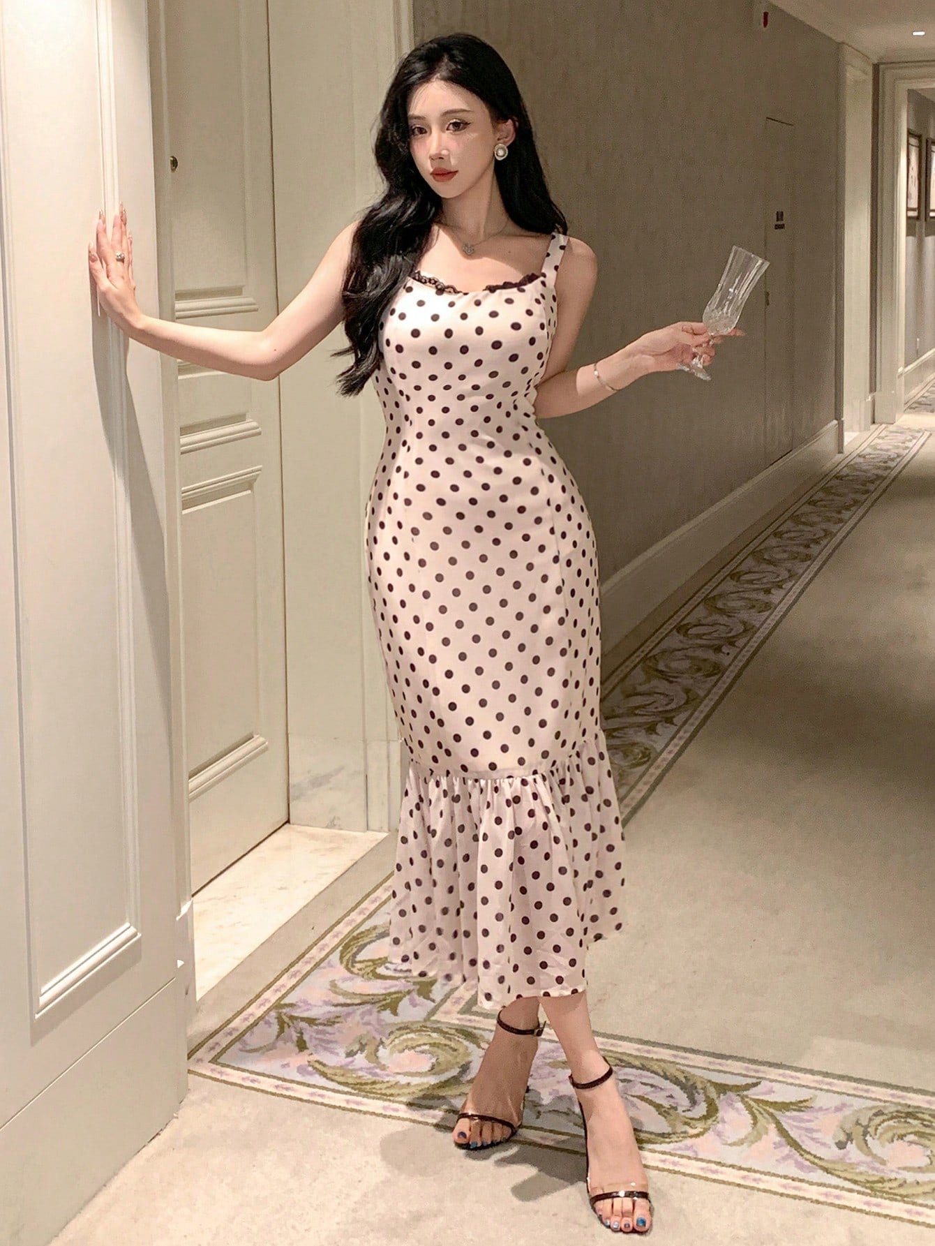 Dotted Strap Fishtail Lace Contrast Dress For Ladies