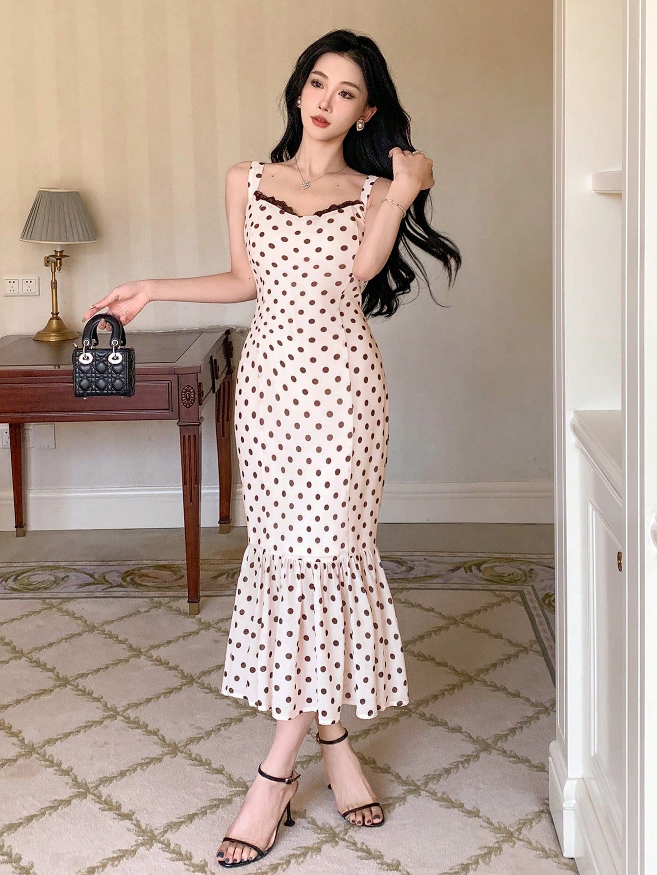 Dotted Strap Fishtail Lace Contrast Dress For Ladies