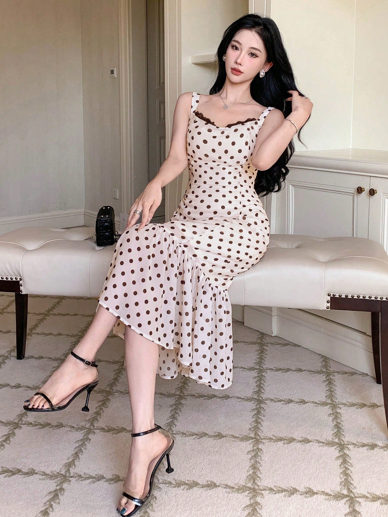 Dotted Strap Fishtail Lace Contrast Dress For Ladies