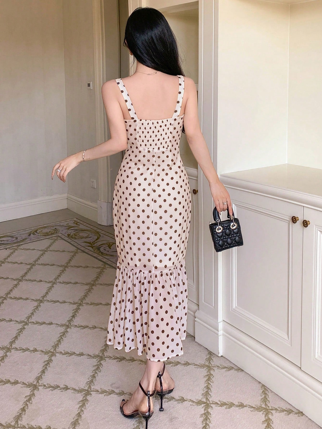 Dotted Strap Fishtail Lace Contrast Dress For Ladies