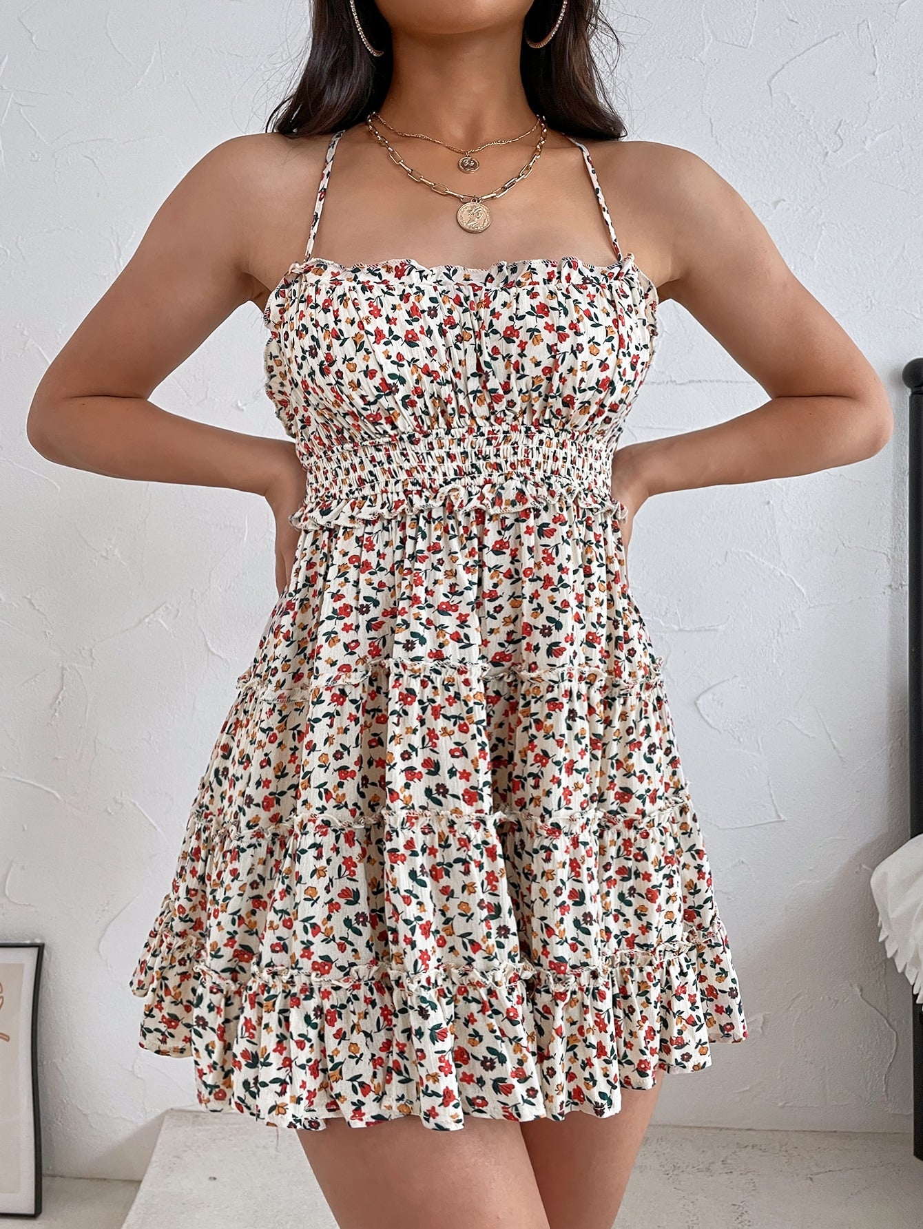 Aveloria Ditsy Floral Criss Cross Backless Cami Dress