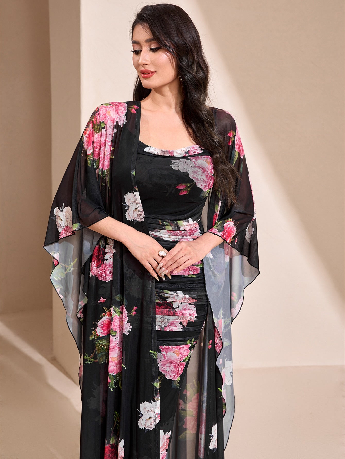 Modelyn Floral Print Cami Bodycon Dress & Open Front Coat Two Pieces 2 Pieces Set