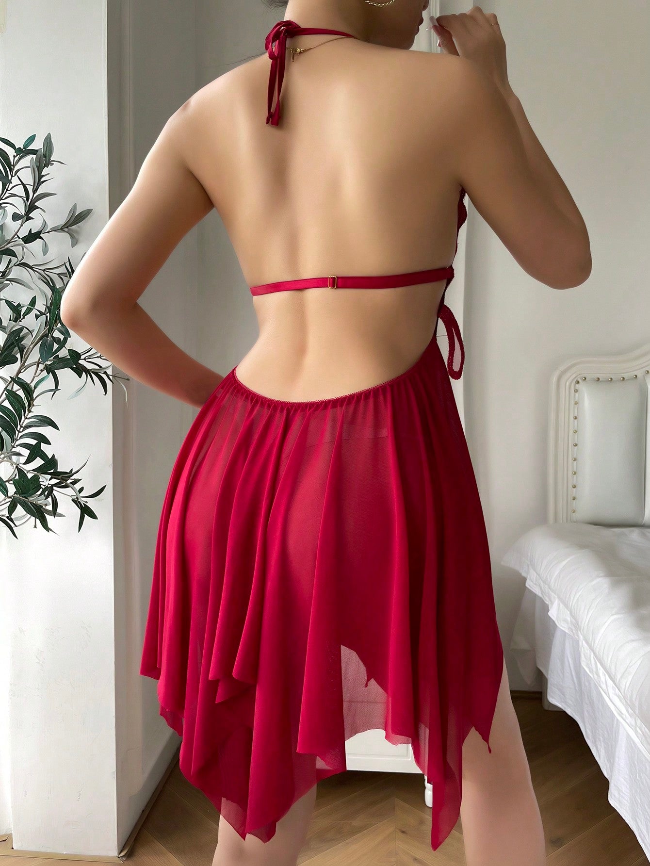 Mesh Halter Neck Tie Sexy Night Dress