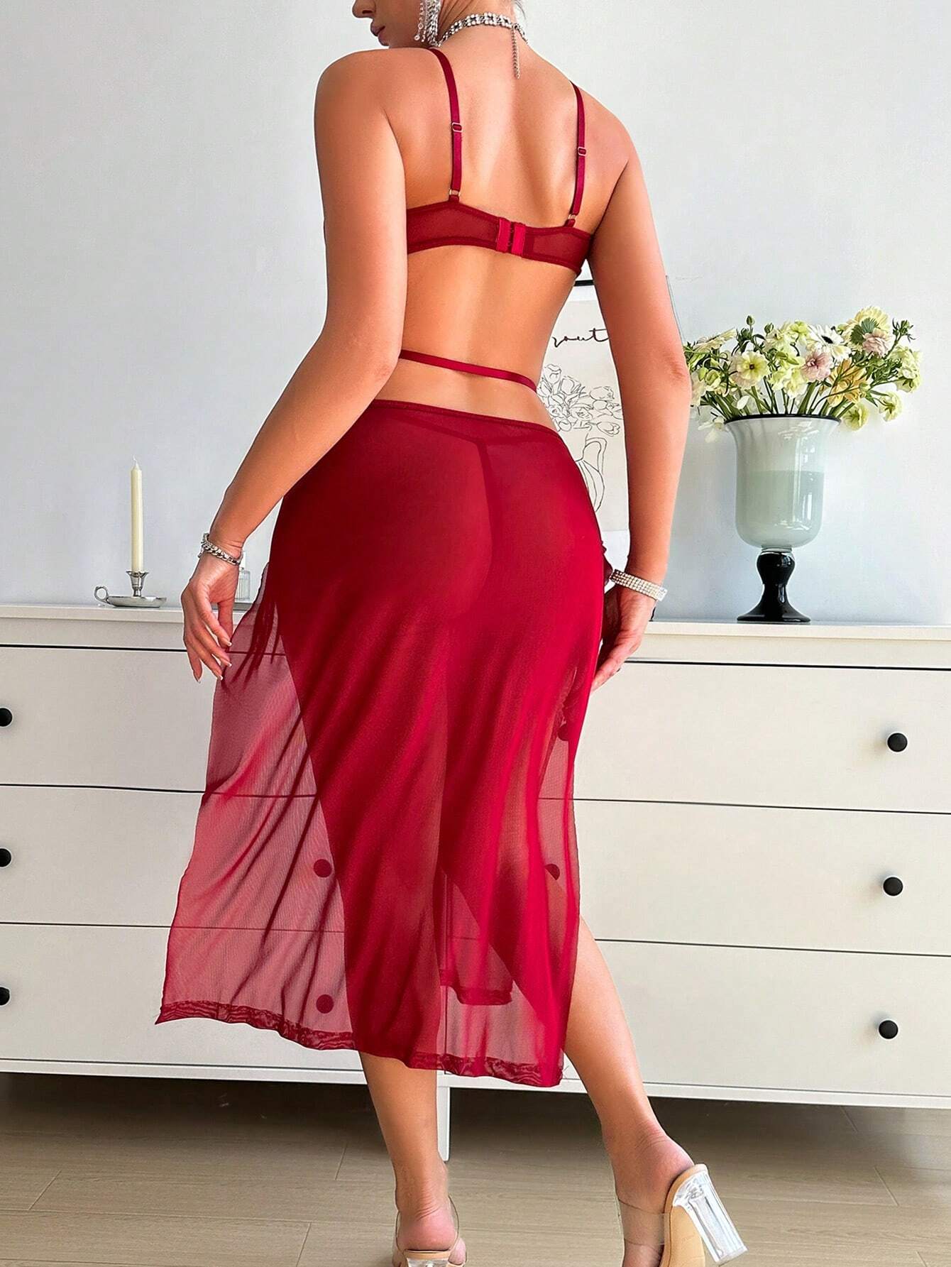 Seduluxe Women's Lace & Mesh Halter Sexy Lingerie Dress Bodysuit With Thong