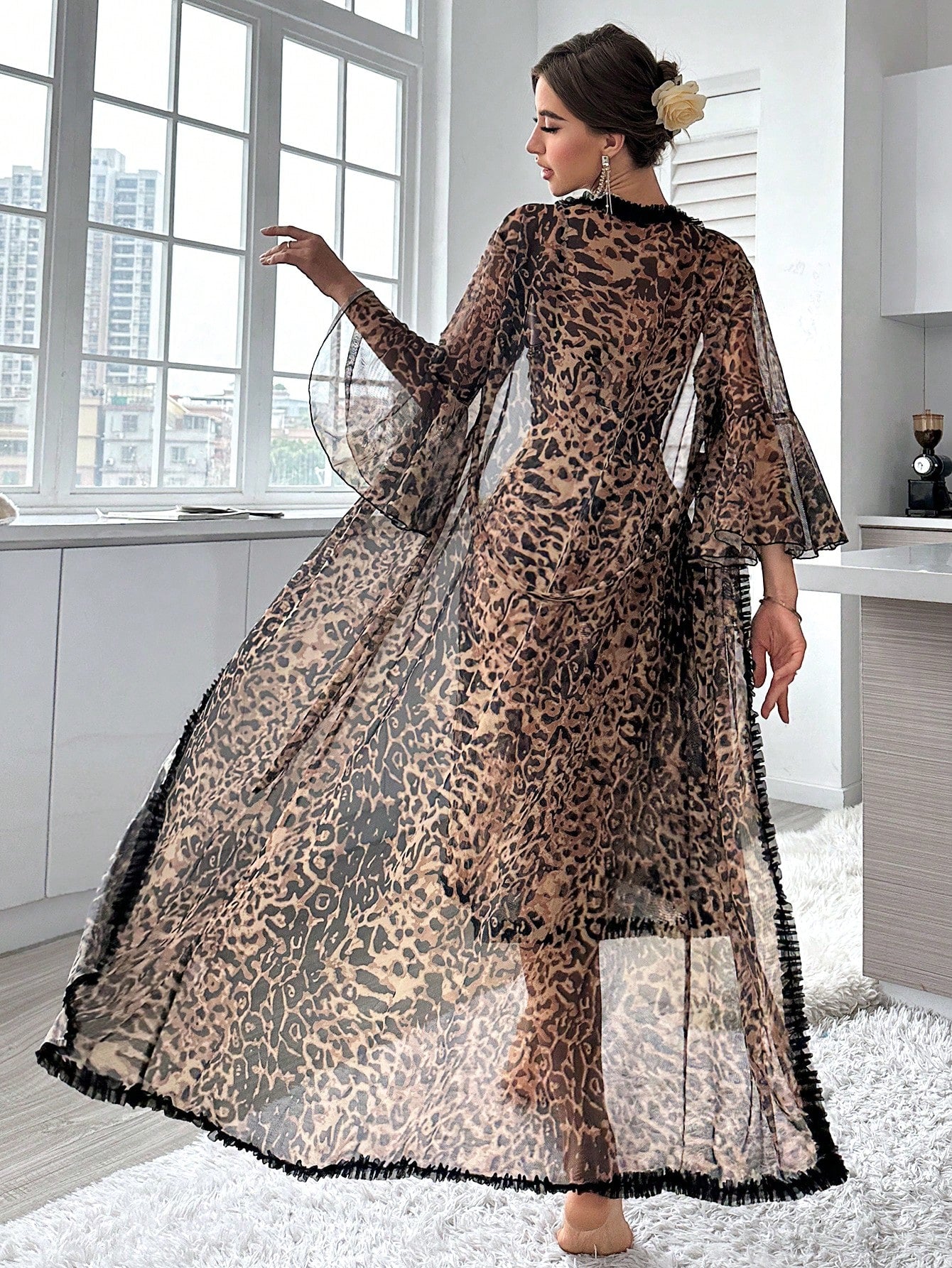 Floral Lace & Leopard Print Cami Dress & Robe Set, Pajama Set
