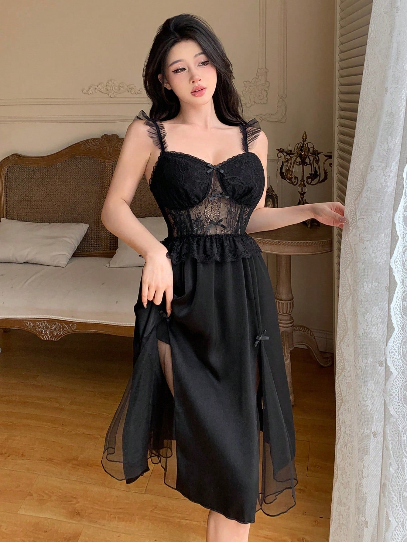 Lace Splicing Semi-Transparent Ruffle Sexy Sleepwear