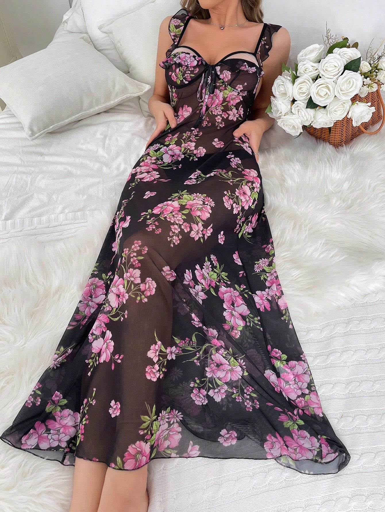 Sheer Mesh Floral Lingerie Nightgown With Front Tie