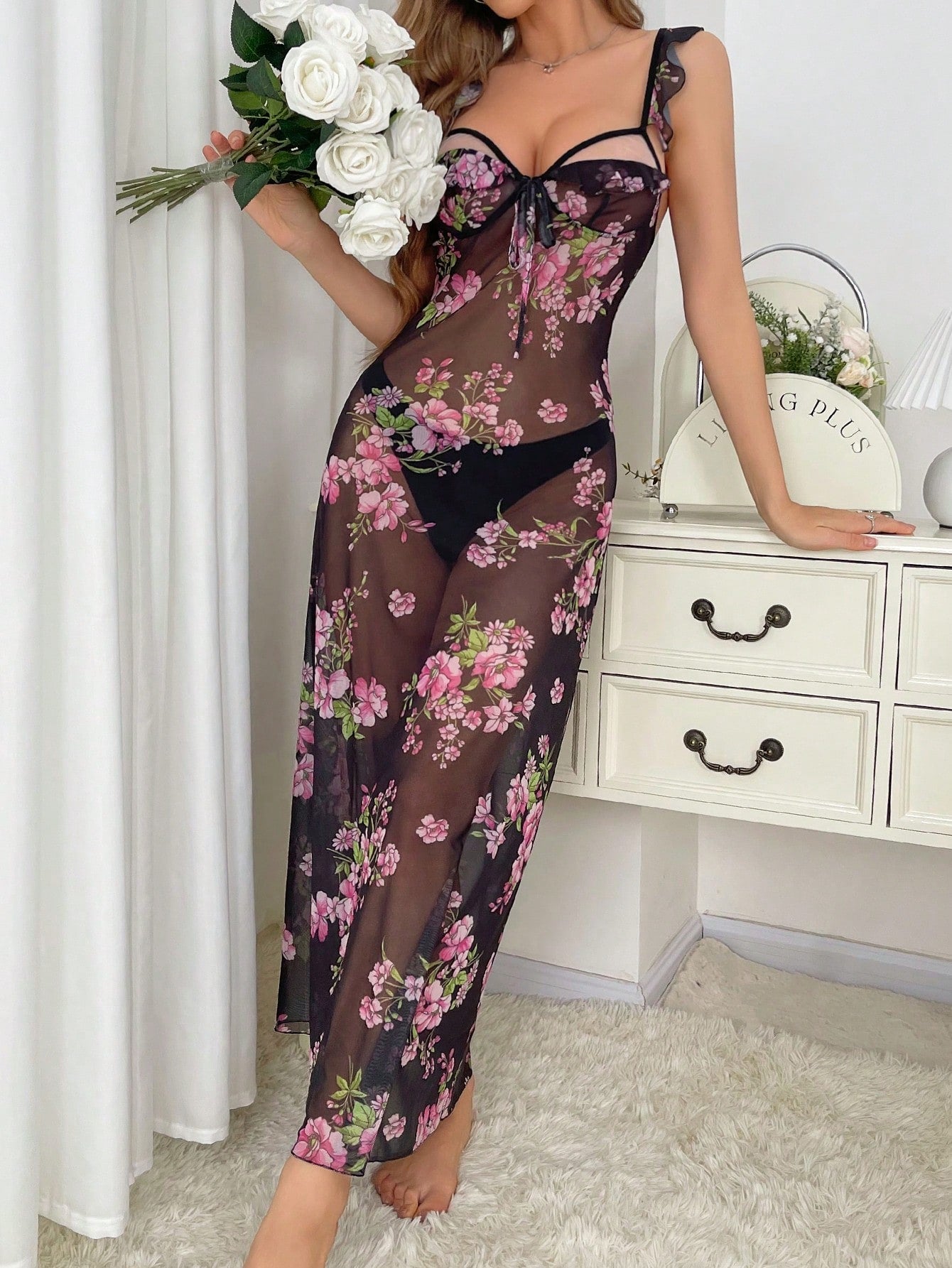Sheer Mesh Floral Lingerie Nightgown With Front Tie
