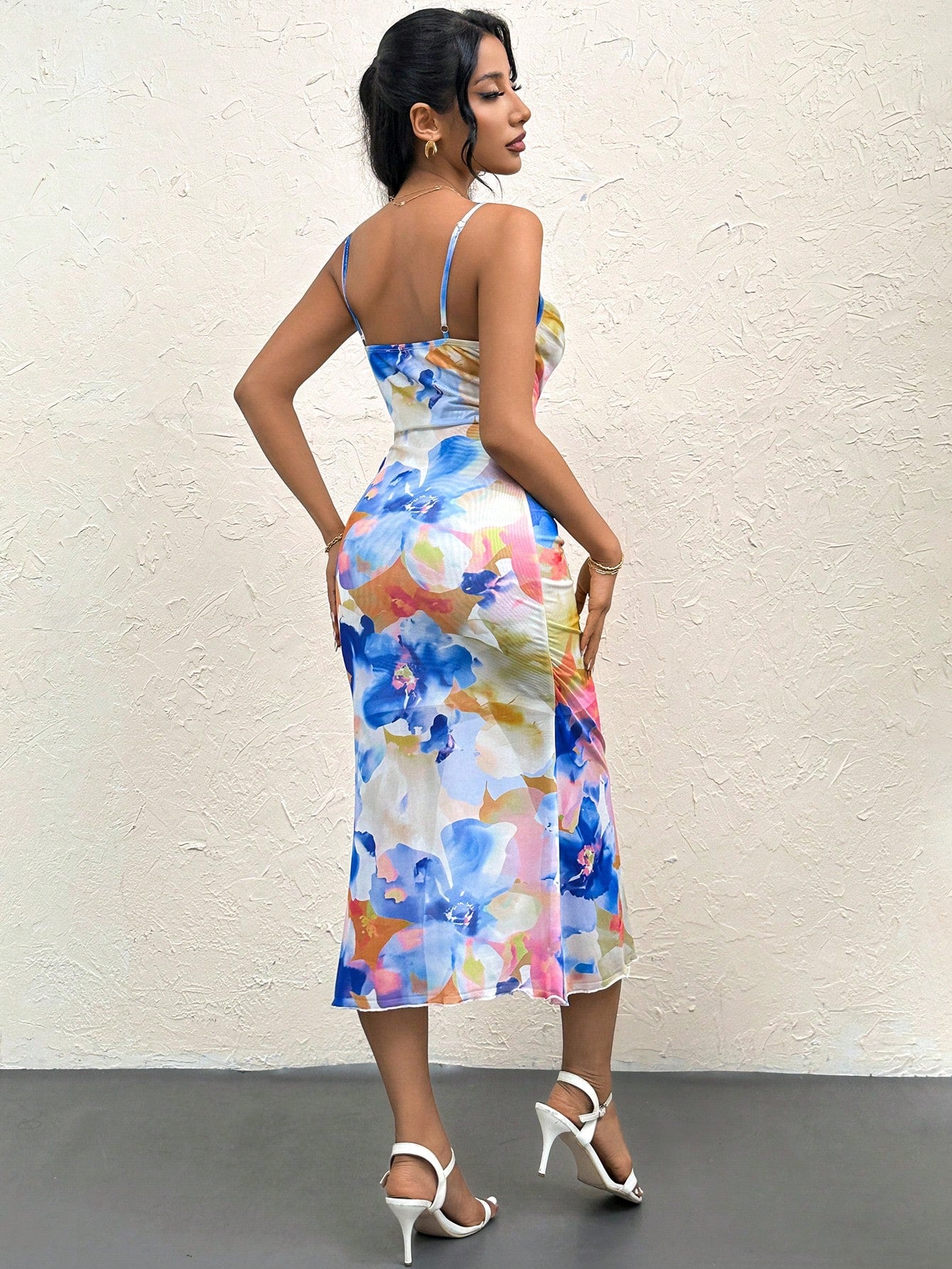 Elegant Ditsy Floral Draped Neck Spaghetti Strap Mid-Length Summer Dress