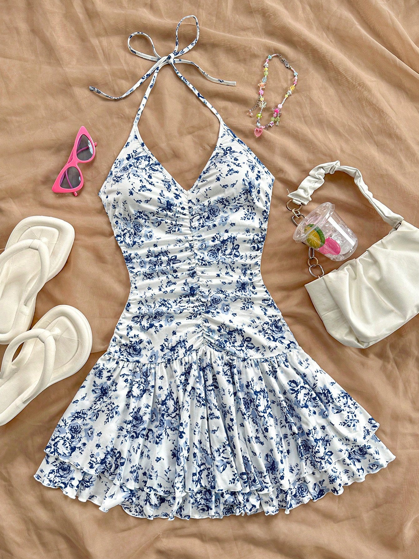 Romantic Floral Print V-Neck Front Ruched Tie-Up Sleeveless Layered Ruffle Hem Mini Dress