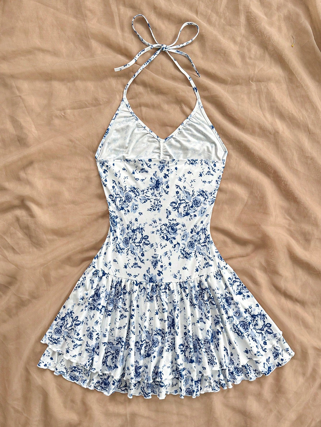 Romantic Floral Print V-Neck Front Ruched Tie-Up Sleeveless Layered Ruffle Hem Mini Dress