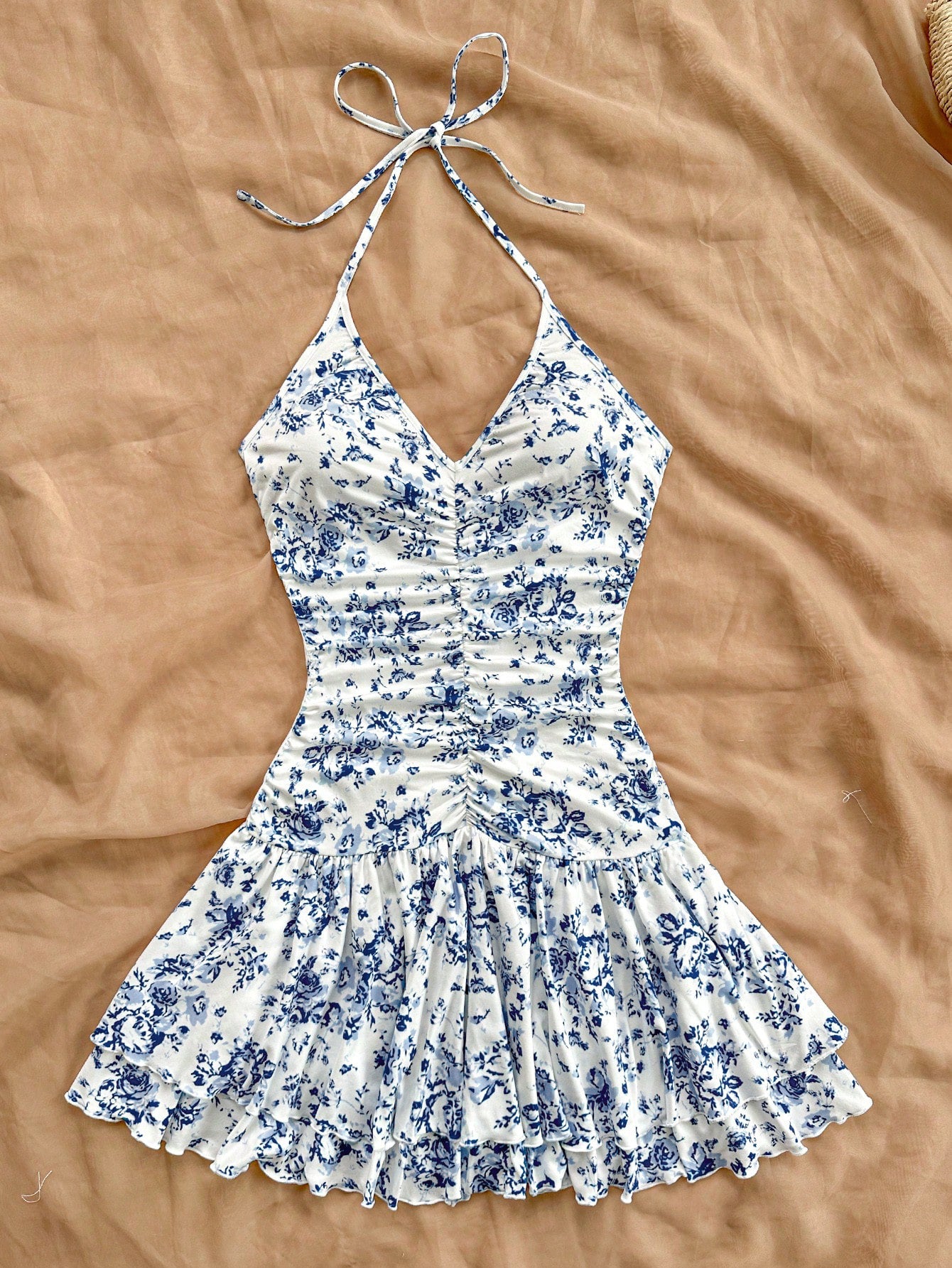 Romantic Floral Print V-Neck Front Ruched Tie-Up Sleeveless Layered Ruffle Hem Mini Dress