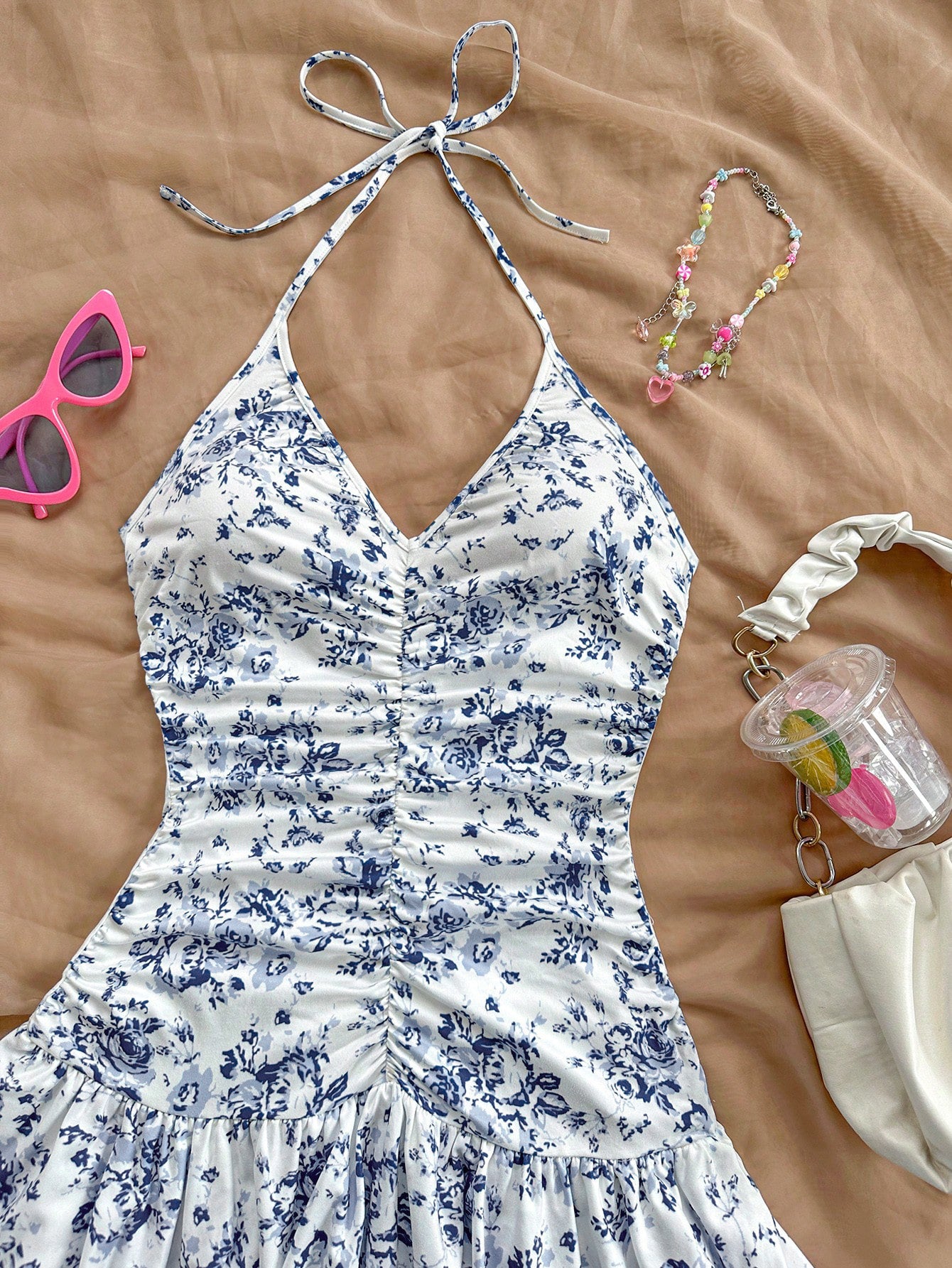 Romantic Floral Print V-Neck Front Ruched Tie-Up Sleeveless Layered Ruffle Hem Mini Dress
