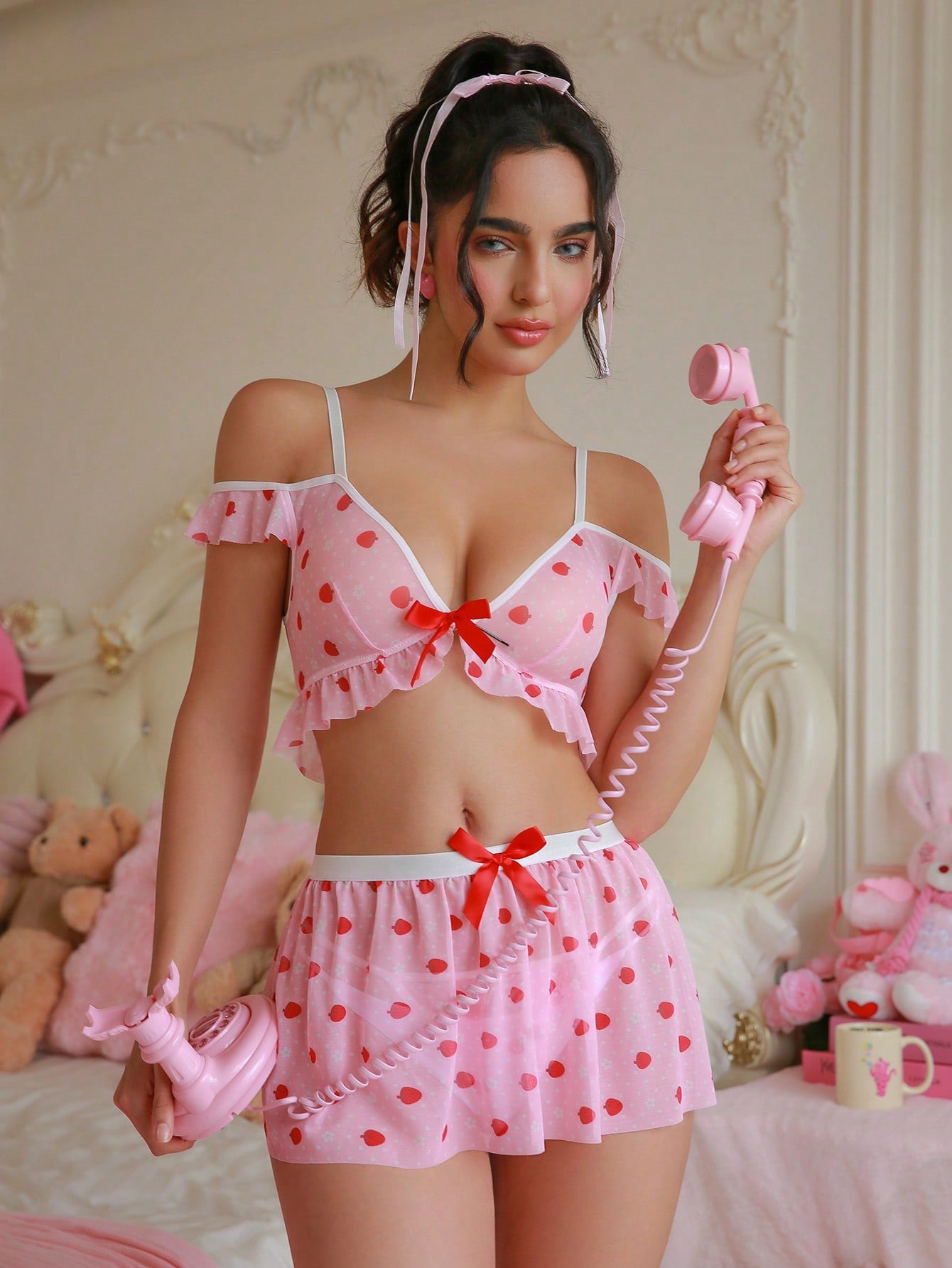 PetitDoll 3pcs/Set Women's Sexy Wireless Mesh Printed Lingerie Set