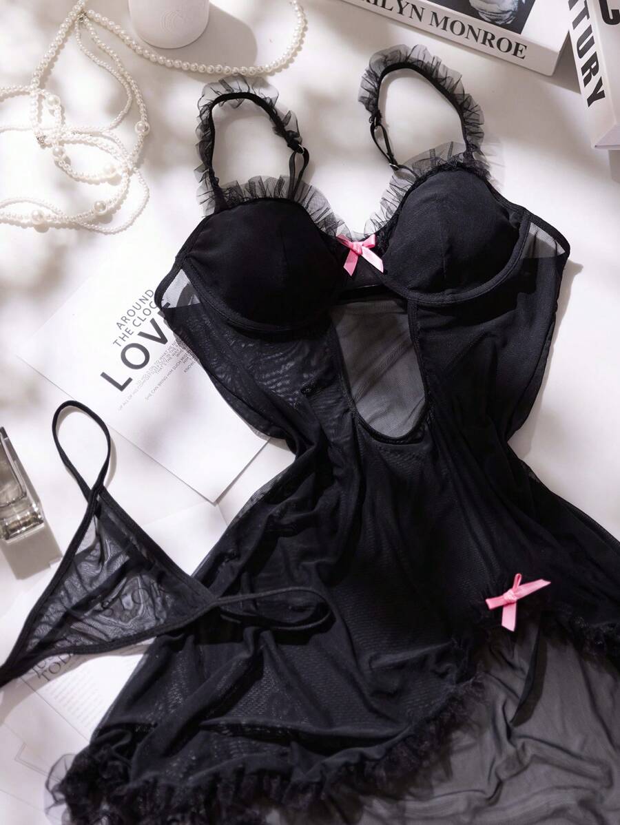 2 Pcs Lace Patchwork Sexy Transparent Set