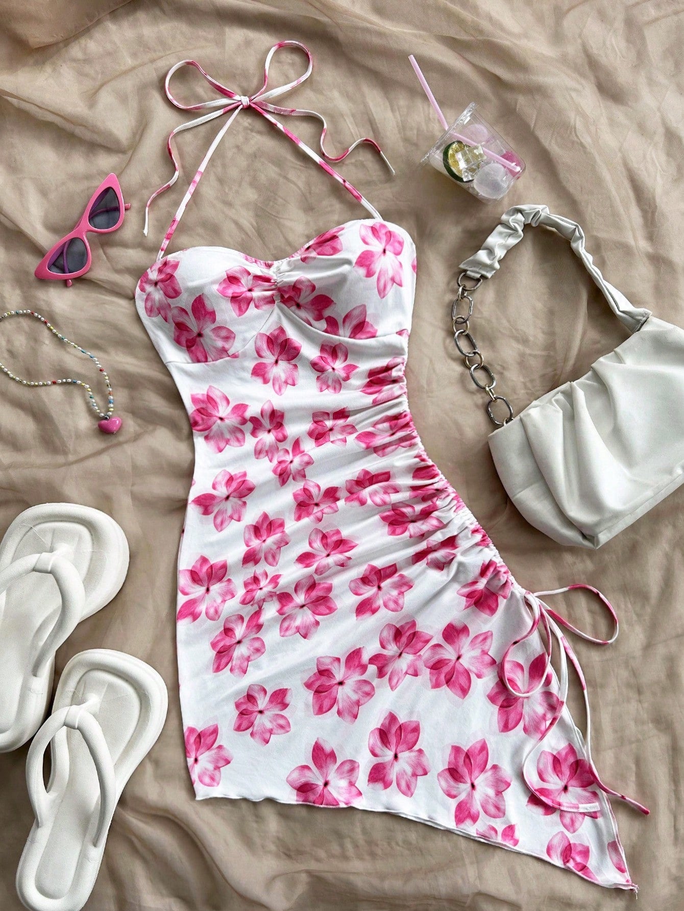 Summer Floral Print Asymmetric Hem Halter Neck Tie Front Bodycon Midi Dress,
