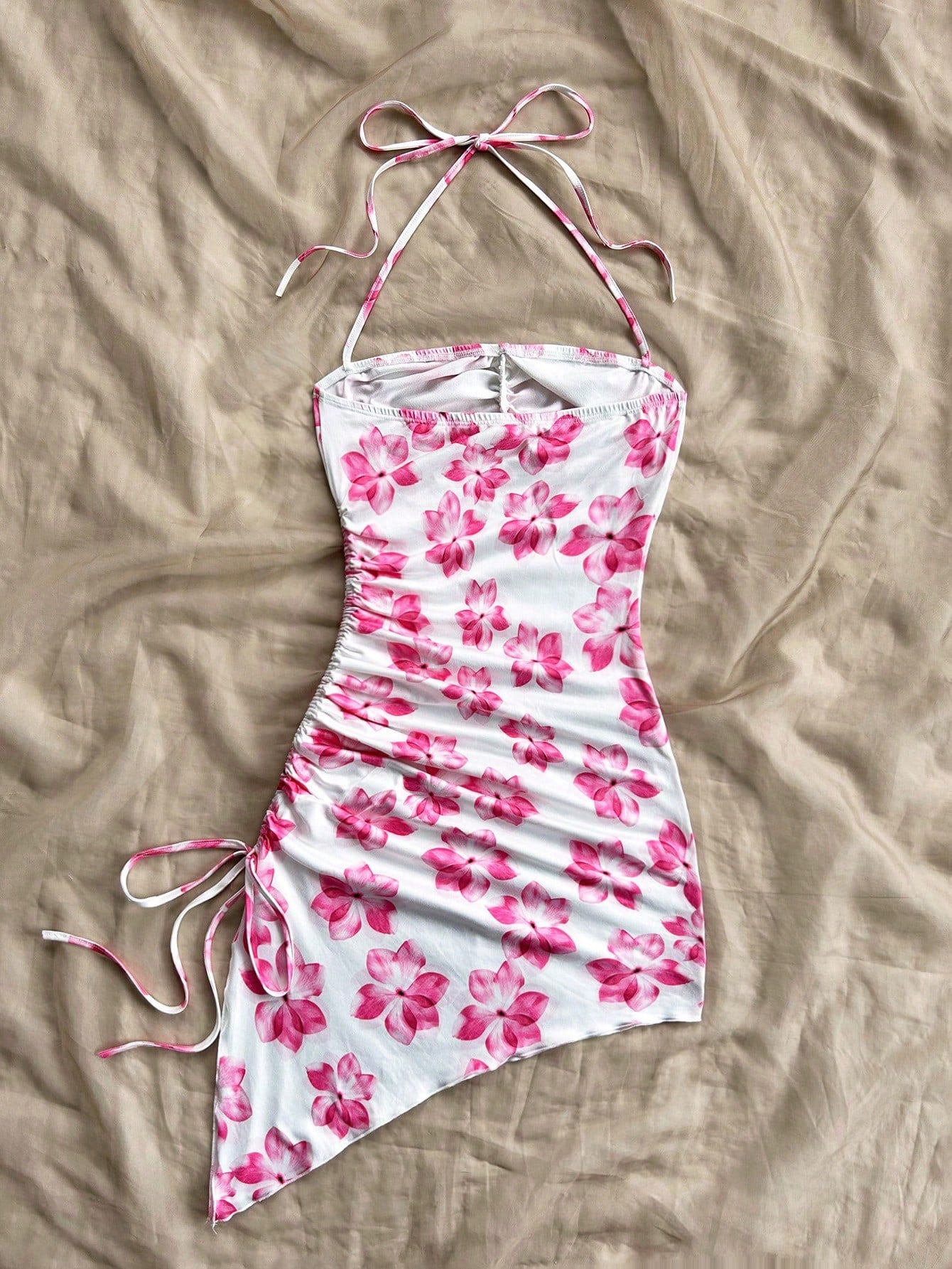 Summer Floral Print Asymmetric Hem Halter Neck Tie Front Bodycon Midi Dress,