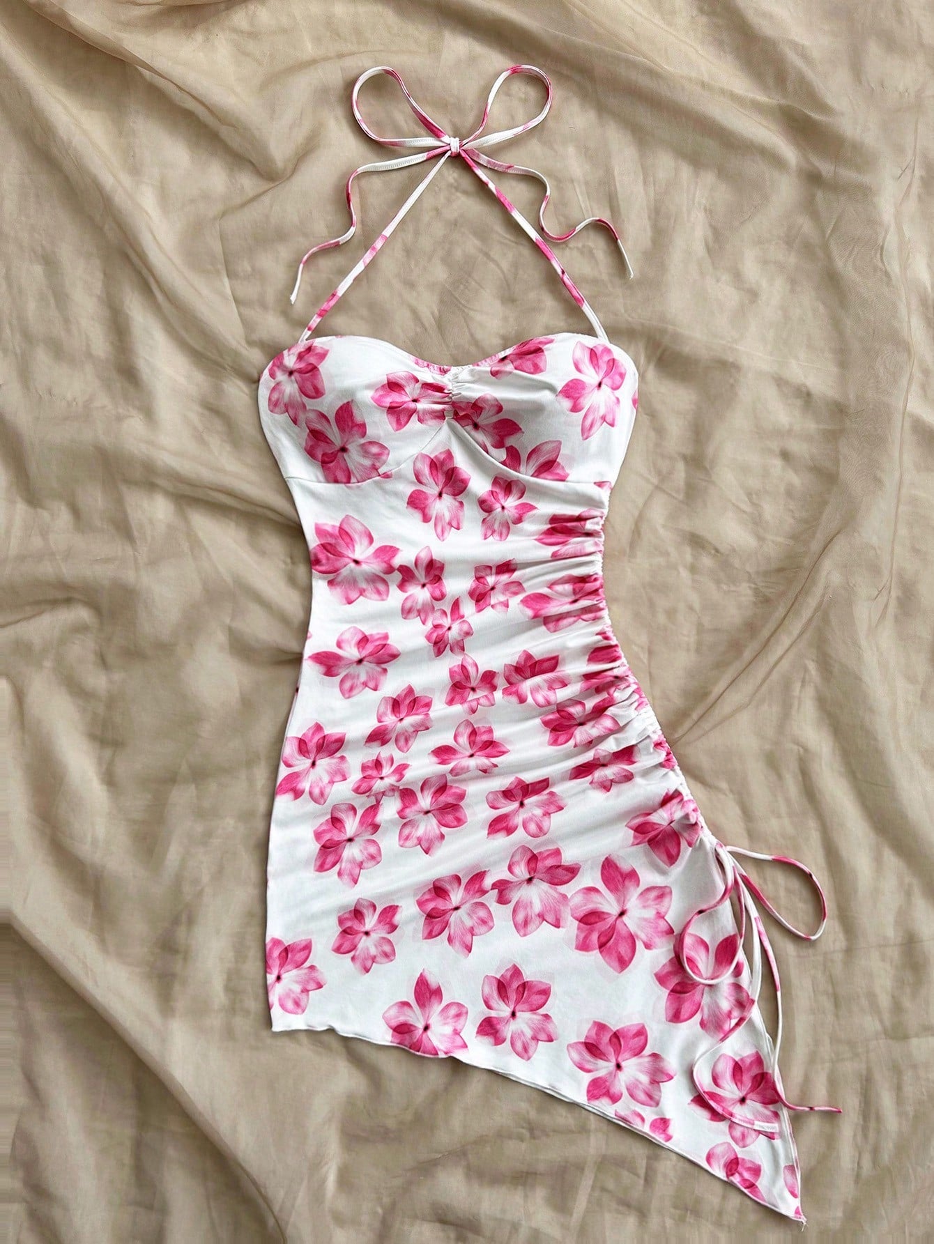 Summer Floral Print Asymmetric Hem Halter Neck Tie Front Bodycon Midi Dress,