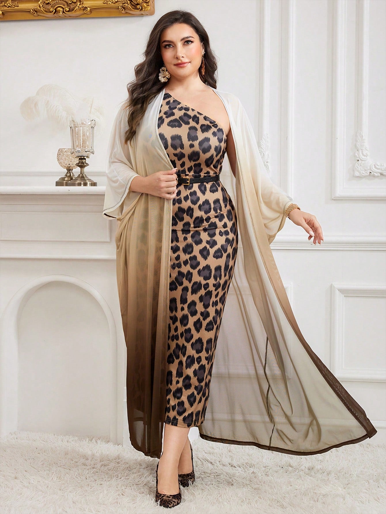 Modelyn 2pcs/SetOmbre Long Sleeve Robe And Floral Print One Shoulder Sleeveless Dress