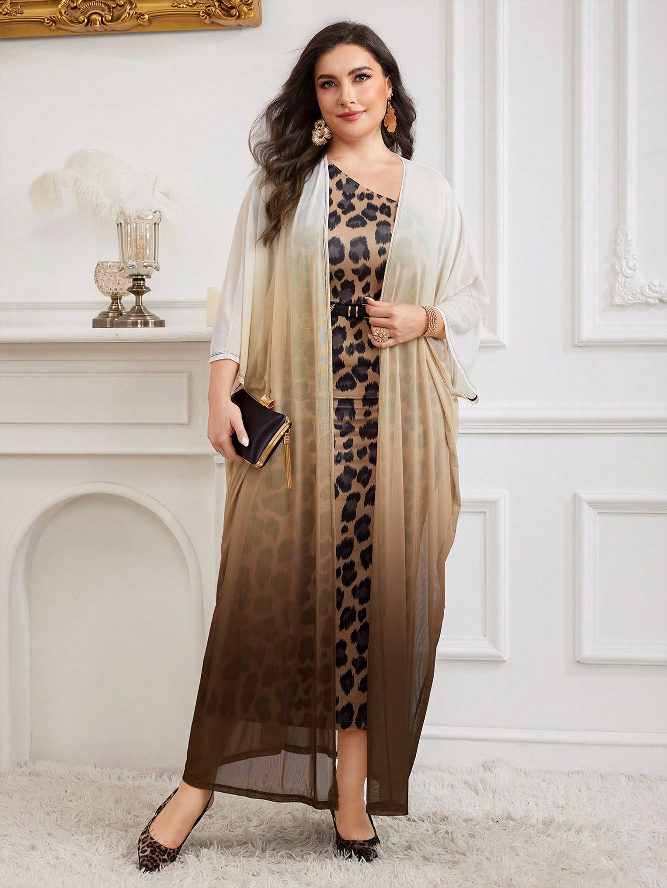 Modelyn 2pcs/SetOmbre Long Sleeve Robe And Floral Print One Shoulder Sleeveless Dress