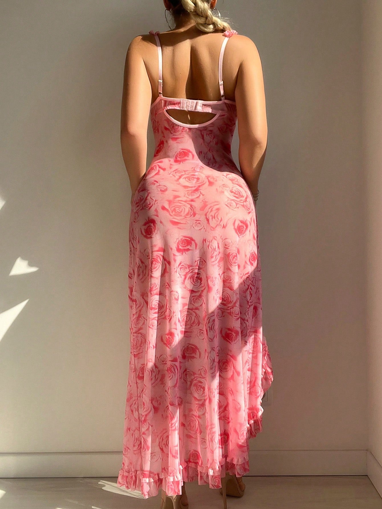 2pcs/Set Romantic Floral Print Ruffle Trim Spaghetti Strap High Slit Dress