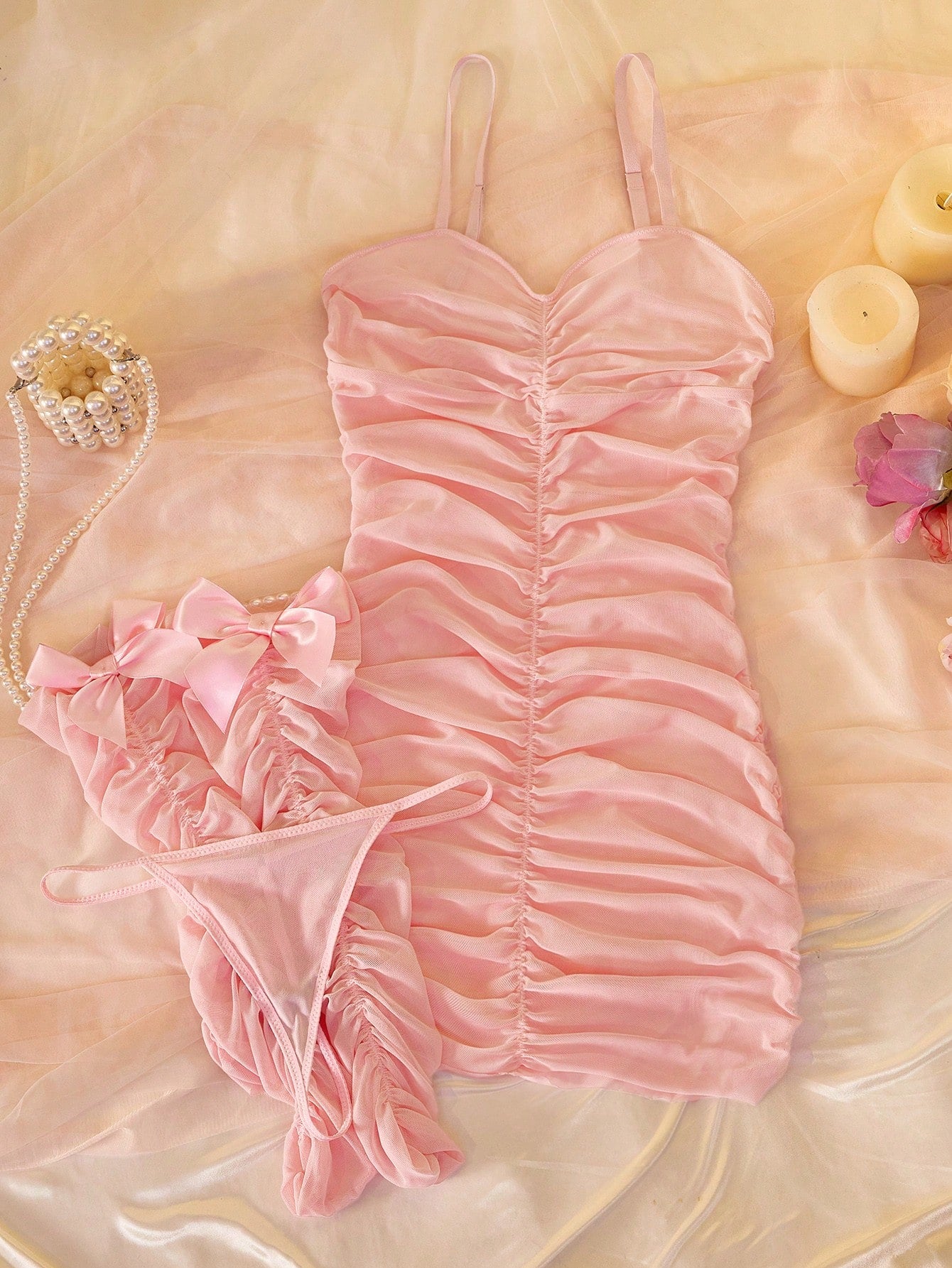 DelicateAllure Pink Sexy Elegant Lingerie With Bowknot And Ruffles, Chiffon Sheer