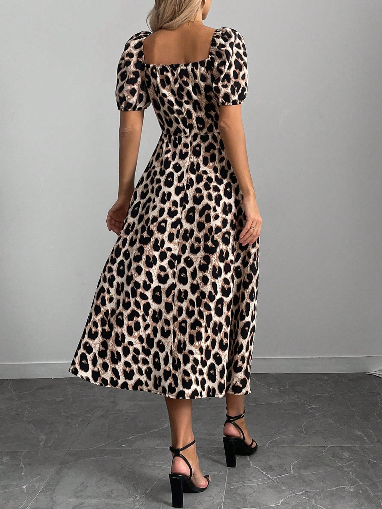 Calvaya Women's Leopard Print Thigh Slit A-Line Dress,