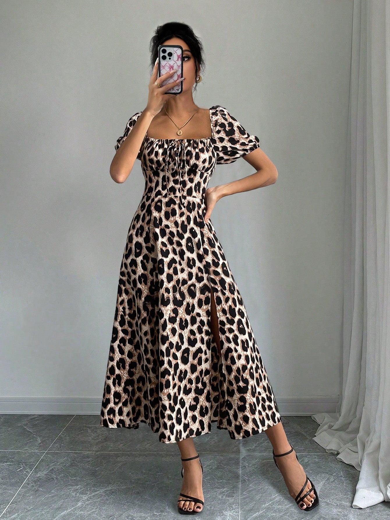 Calvaya Women's Leopard Print Thigh Slit A-Line Dress,