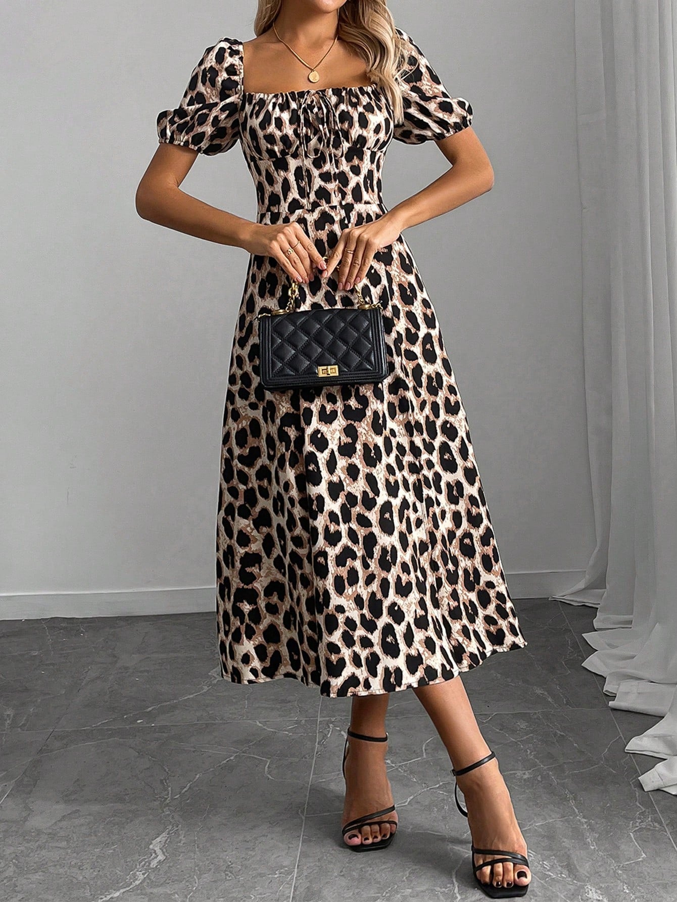 Calvaya Women's Leopard Print Thigh Slit A-Line Dress,