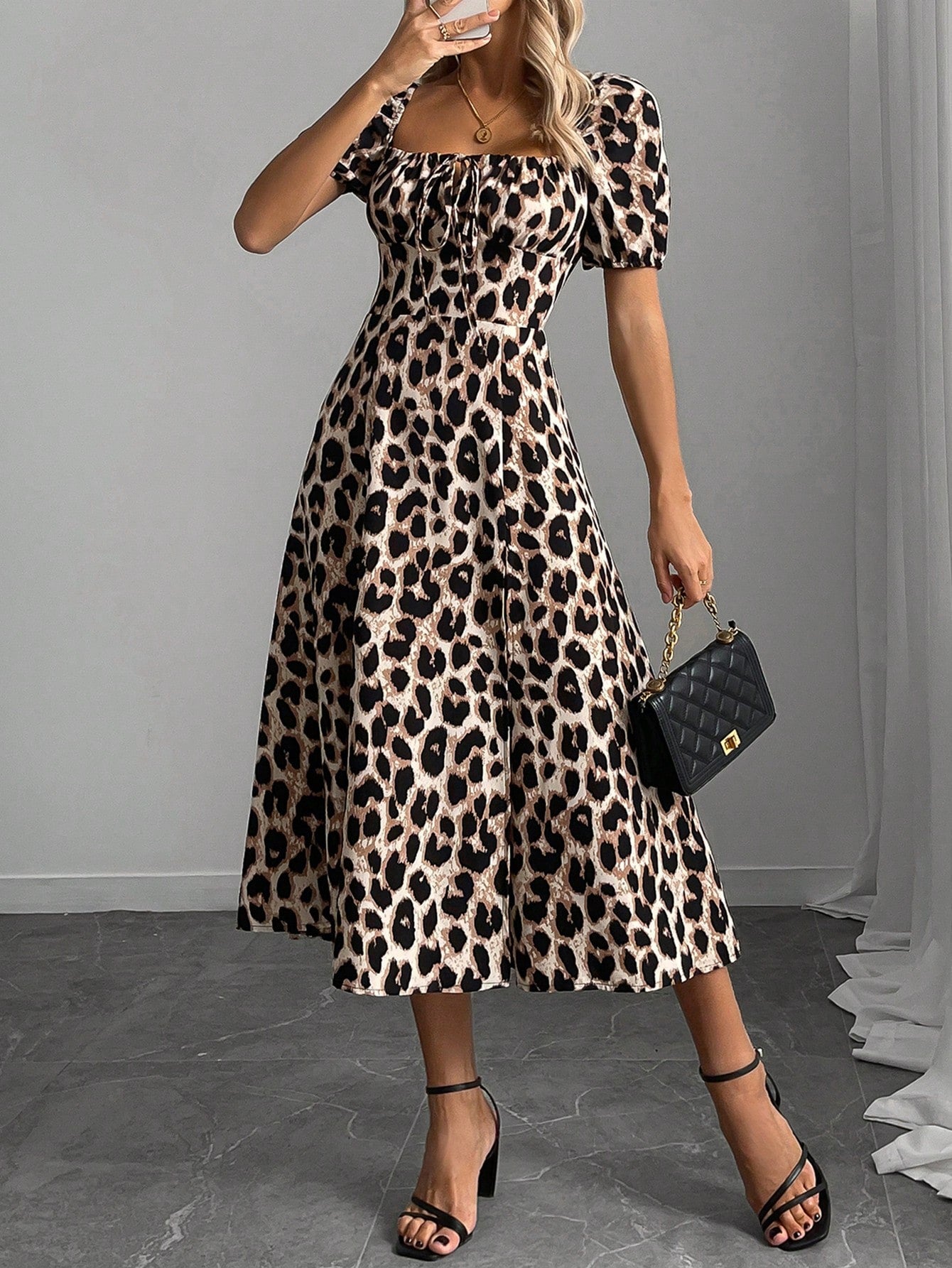 Calvaya Women's Leopard Print Thigh Slit A-Line Dress,