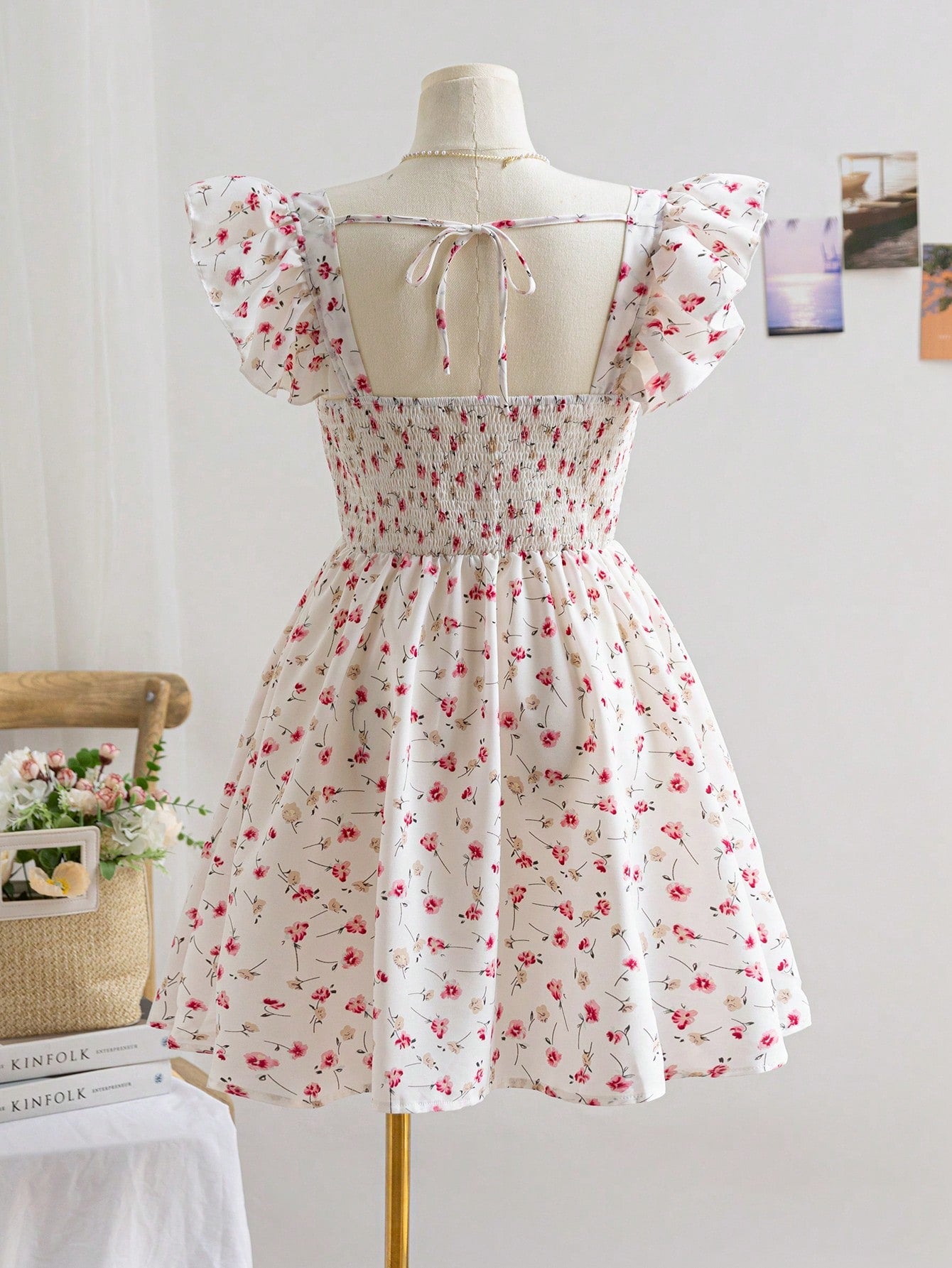Women Boho Ditsy Floral Shirred Cap Sleeve Dress, ,Holiday Outfits