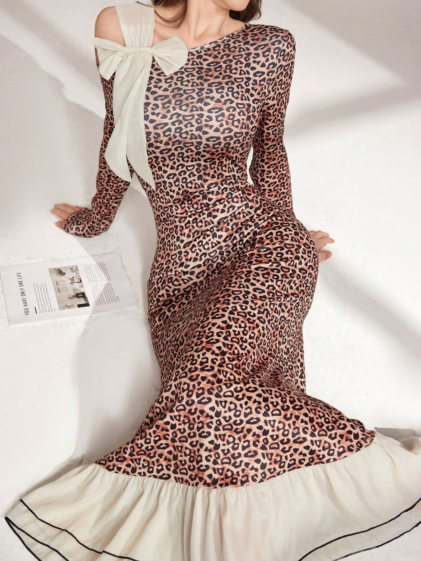 Modelyn Leopard Print Patchwork Bow Decor Long Sleeve Casual Midi Dress