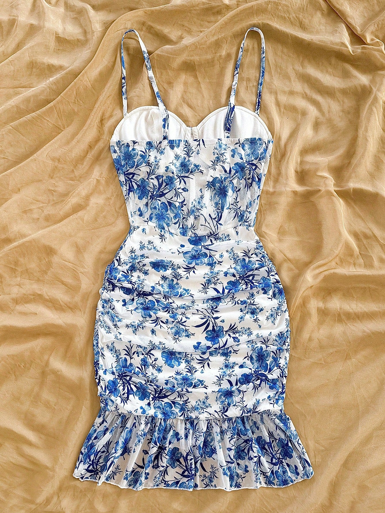 Vacation Blue & White Printed Pattern Mesh Knitted Elastane Tight Fitting Ruched Hem Mini Dress