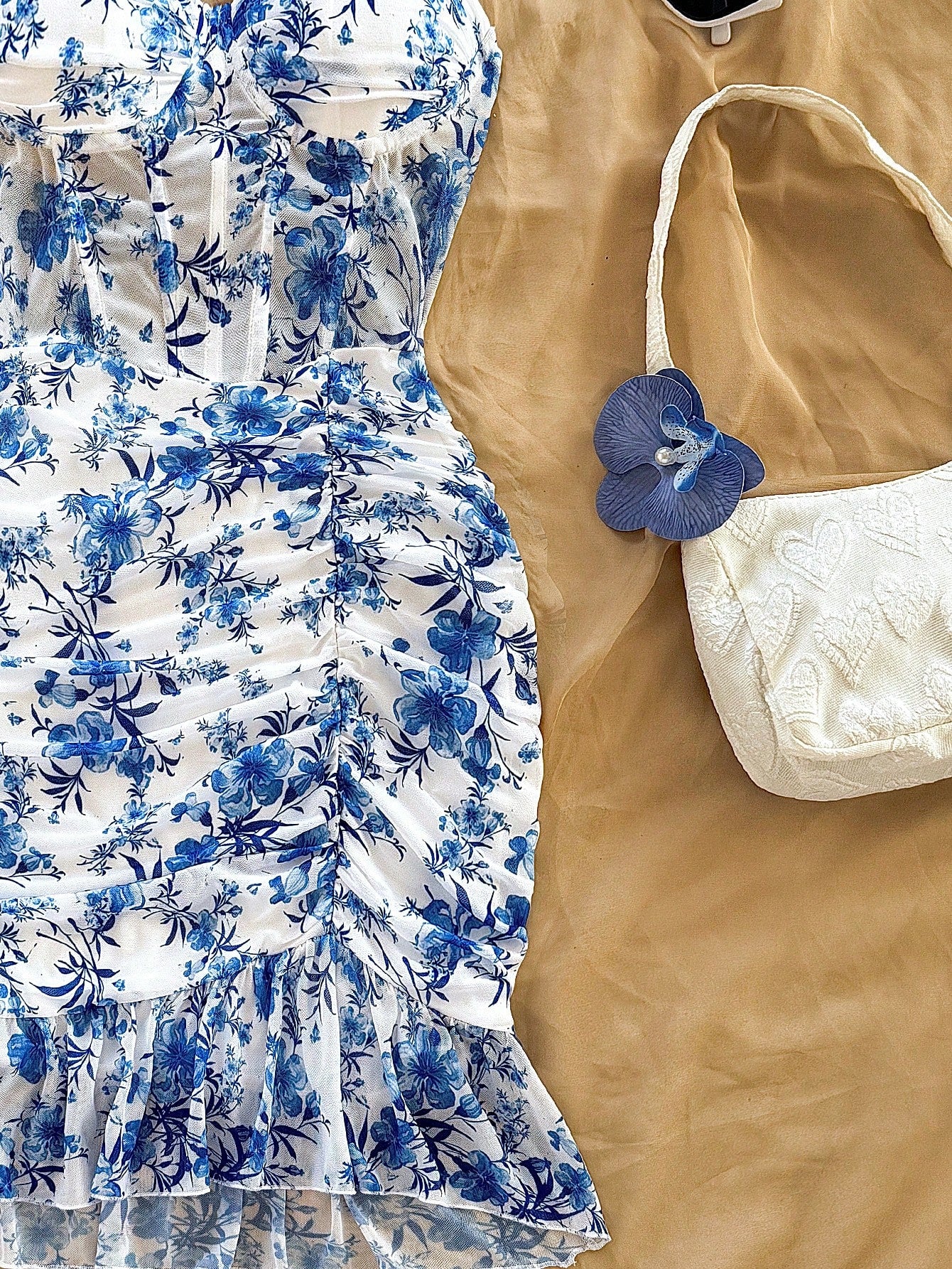 Vacation Blue & White Printed Pattern Mesh Knitted Elastane Tight Fitting Ruched Hem Mini Dress