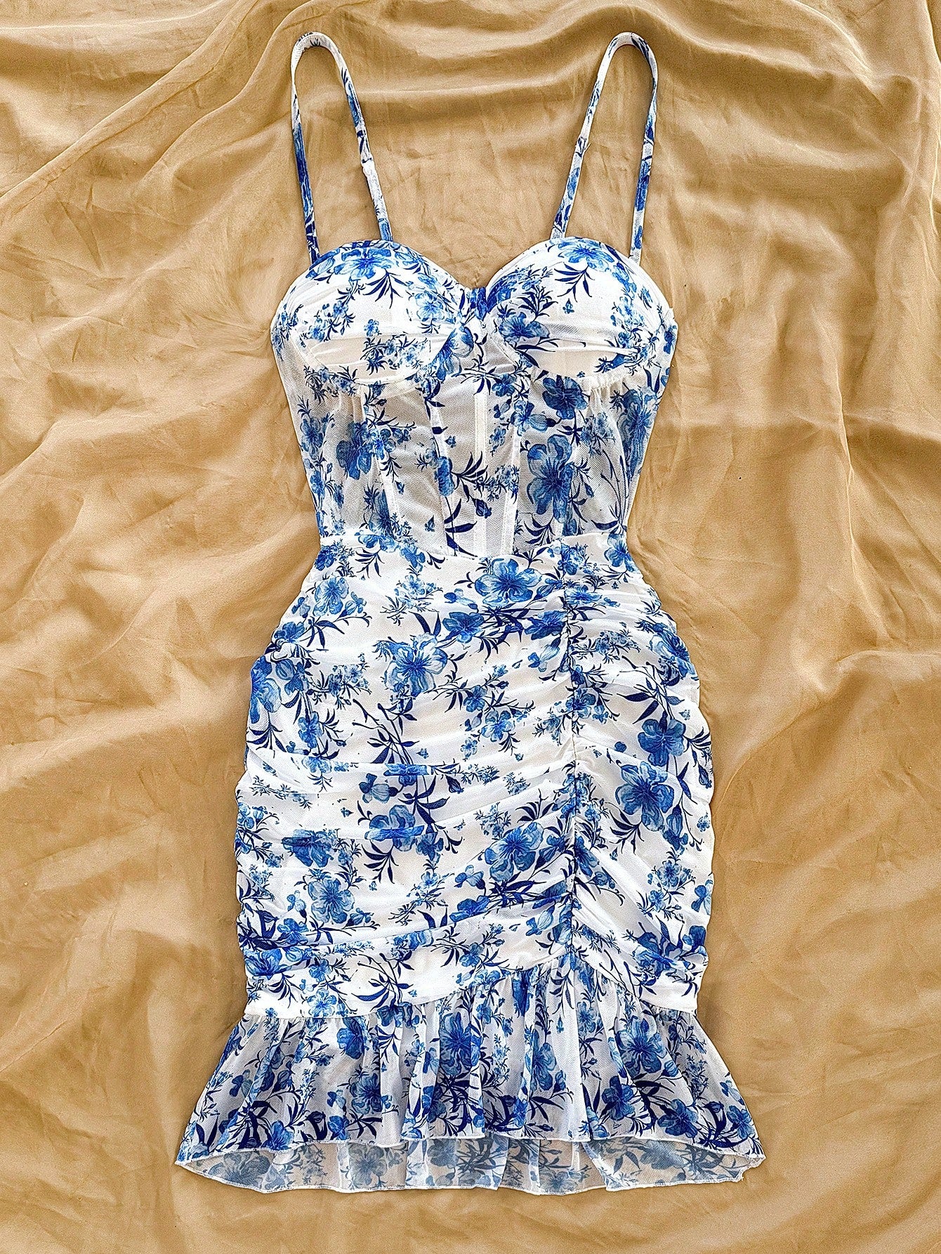 Vacation Blue & White Printed Pattern Mesh Knitted Elastane Tight Fitting Ruched Hem Mini Dress
