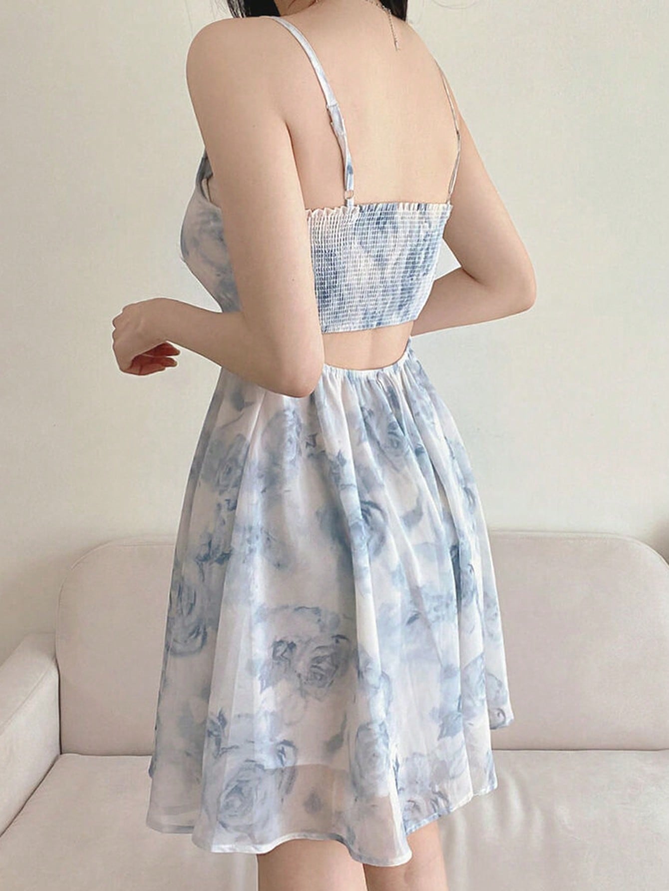 Women's Floral Print Hollow Out Criss-Cross Back Strap Dress