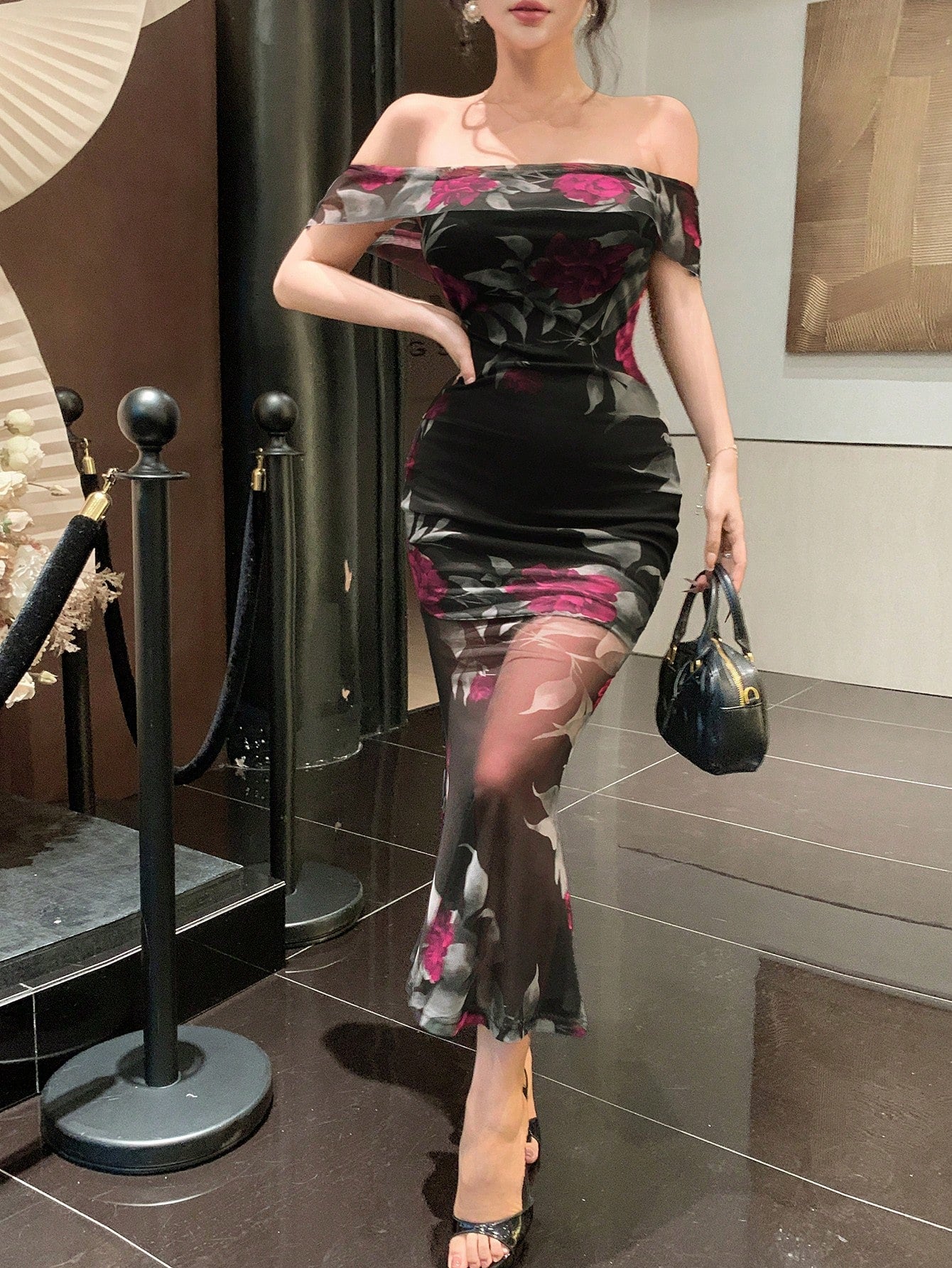Off Shoulder Floral Printed Stretchy Mesh Bodycon Dress, French Elegant Style Elegant,Ruffle