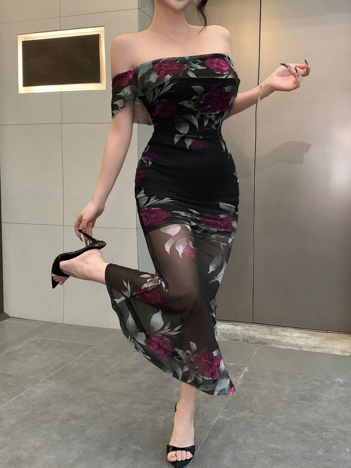 Off Shoulder Floral Printed Stretchy Mesh Bodycon Dress, French Elegant Style Elegant,Ruffle